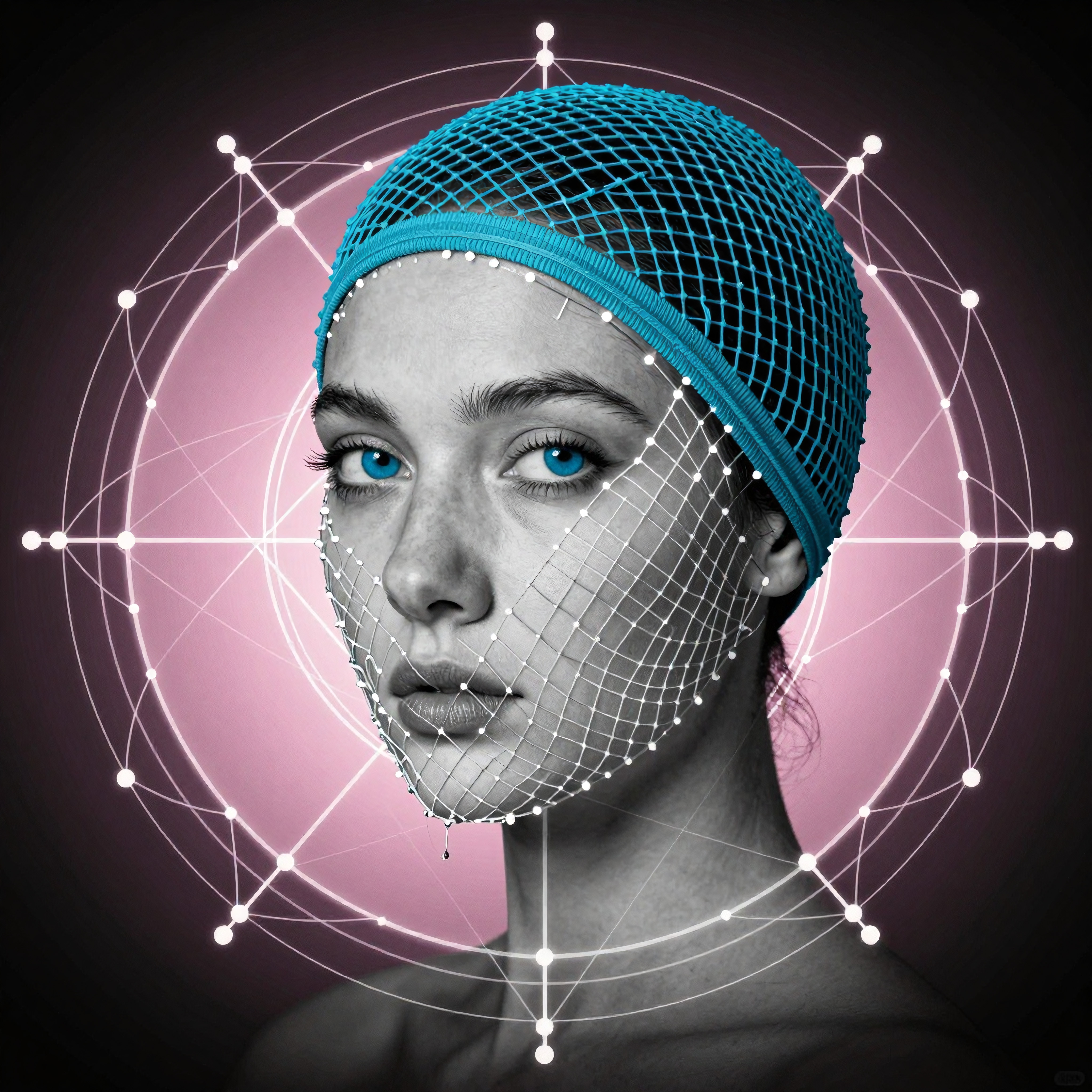 A woman with vibrant blue eyes and turquoise headgear, featuring a digital mesh overlay, against a geometric technology-themed background.