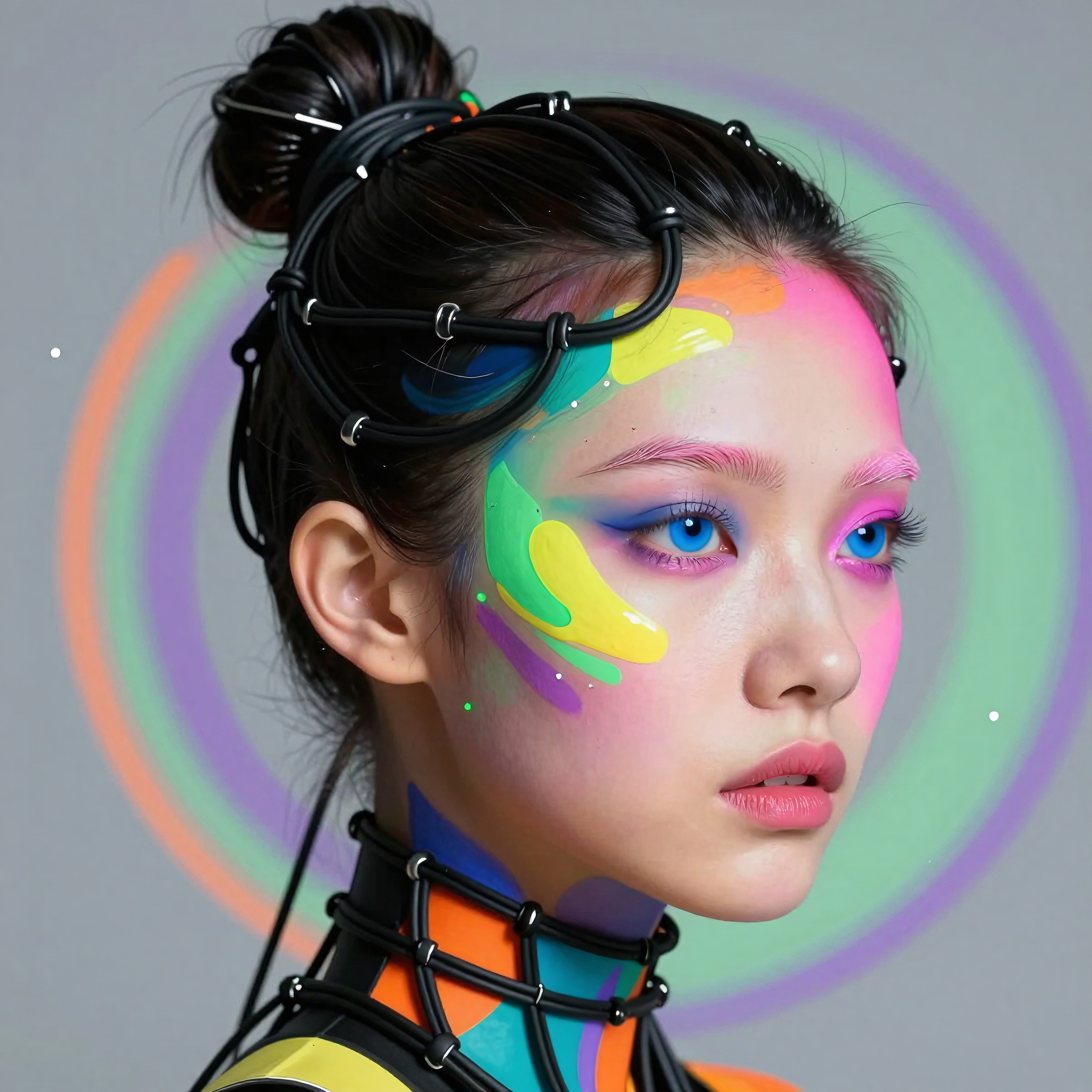 Cyberpunk Portrait with Neon Face Painting and Futuristic Headwe