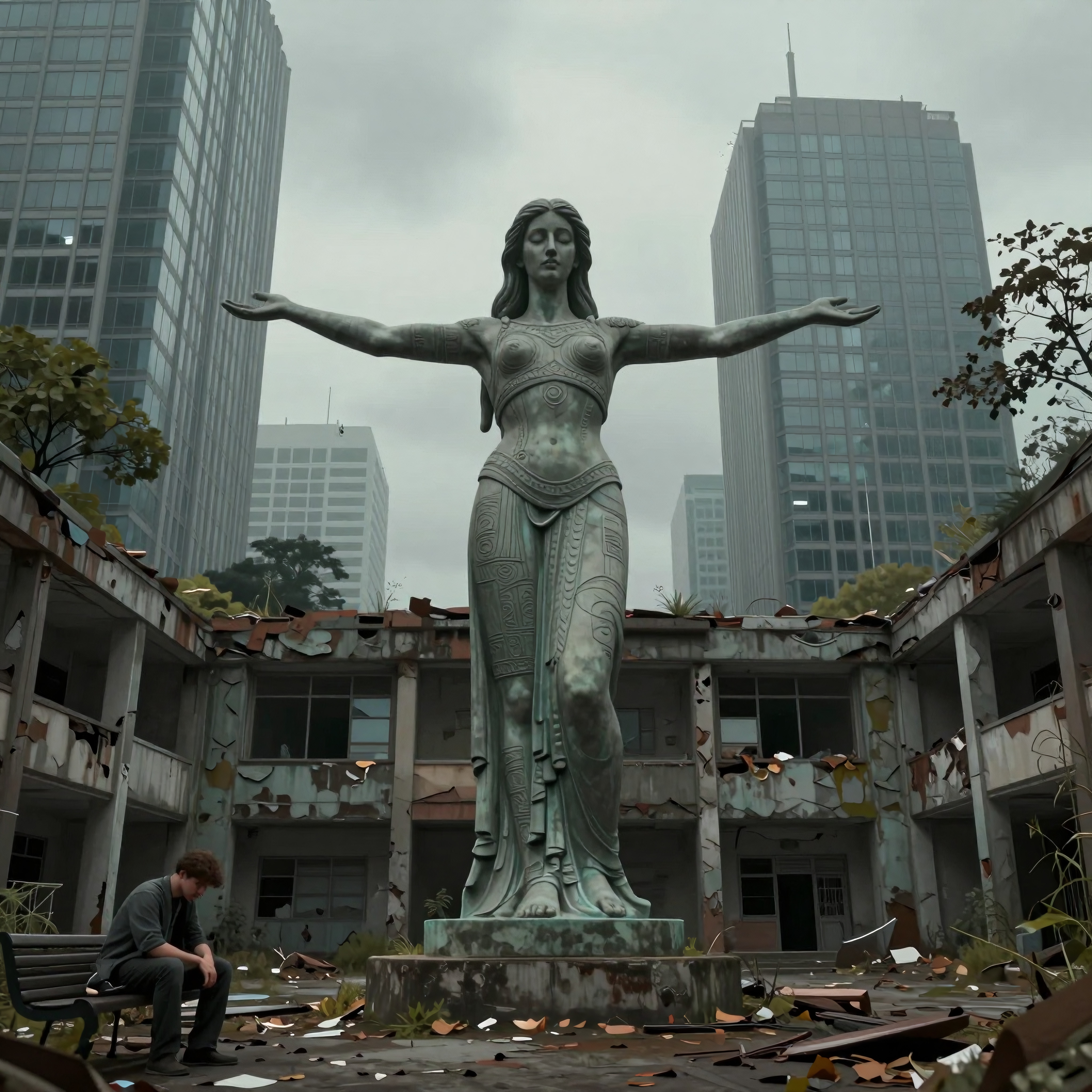 Statue with arms outstretched in an abandoned urban courtyard amidst towering skyscrapers.