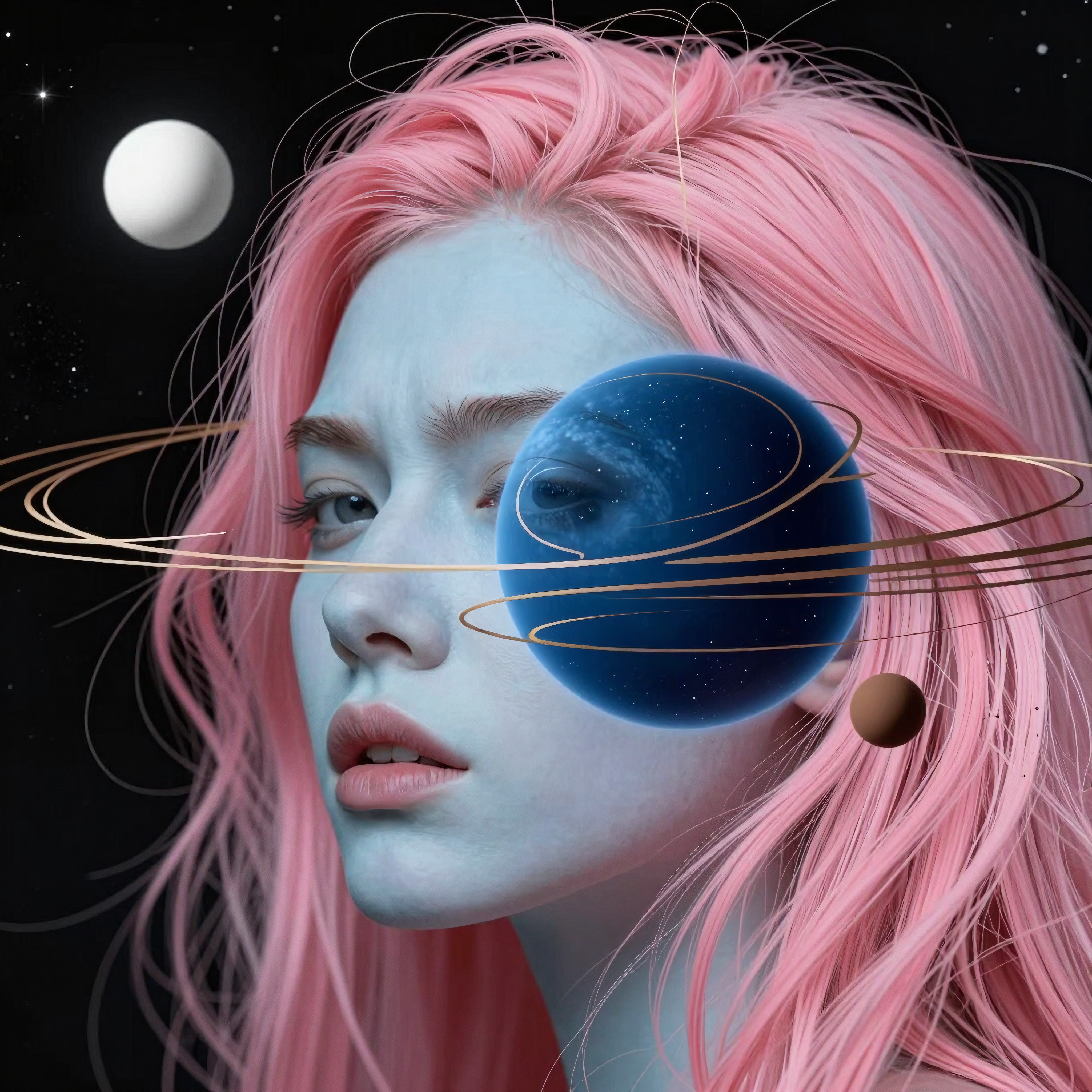 A woman with pink hair gazes stoically, with planet rings orbiting her celestial visage.
