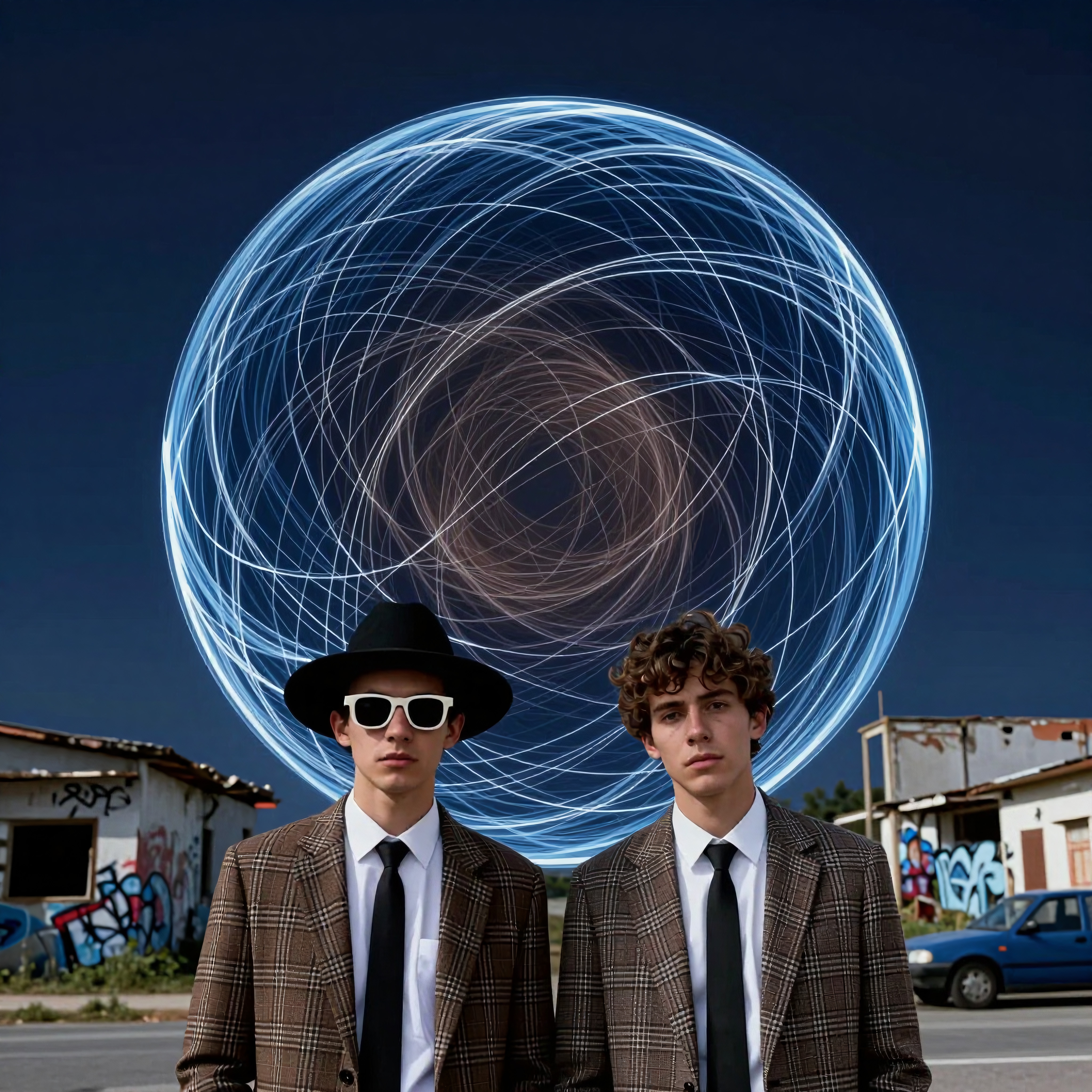 Two stylish men in suits with artistic light painting background in urban area.
