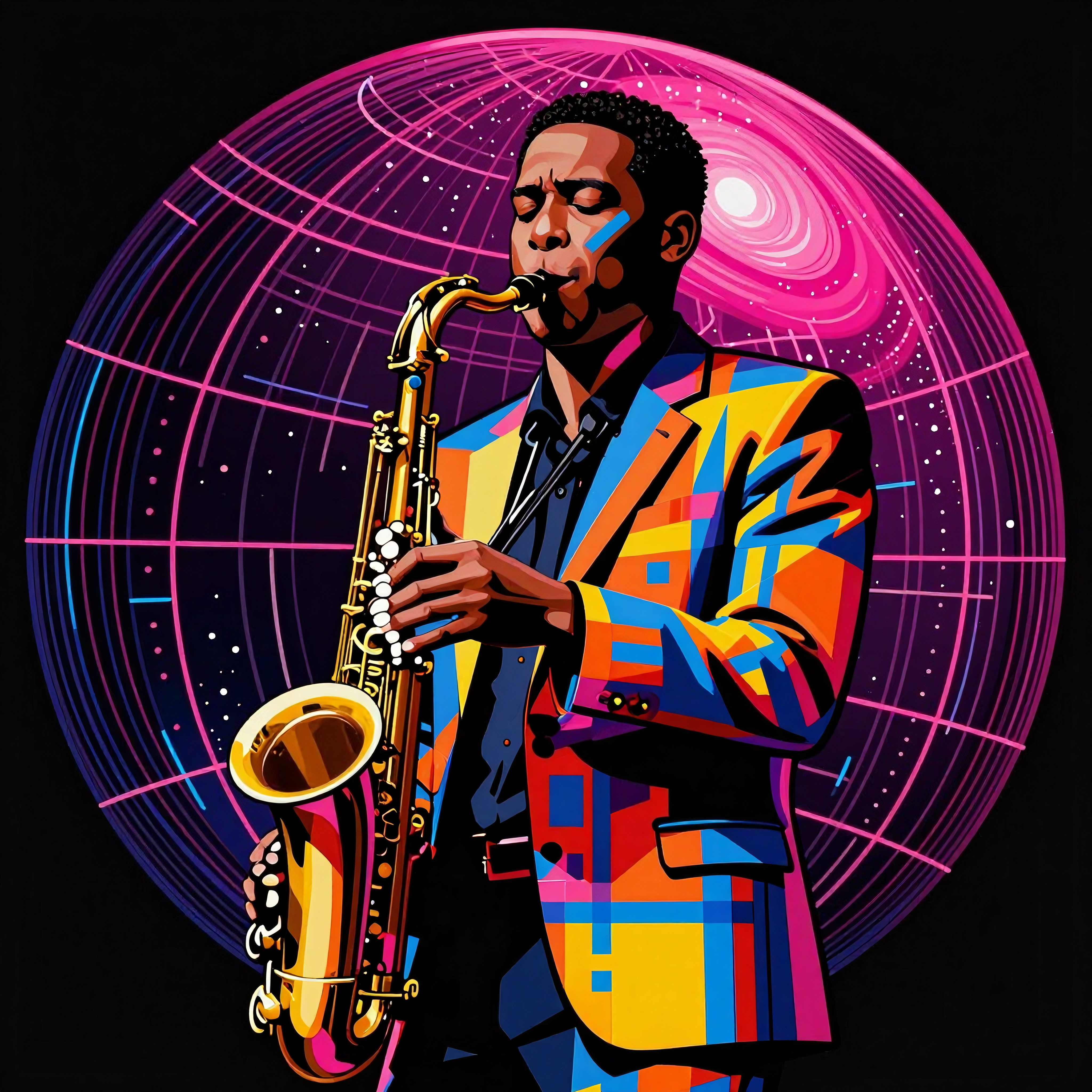 A colorful, dynamic illustration of a saxophonist playing amidst a cosmic themed background.