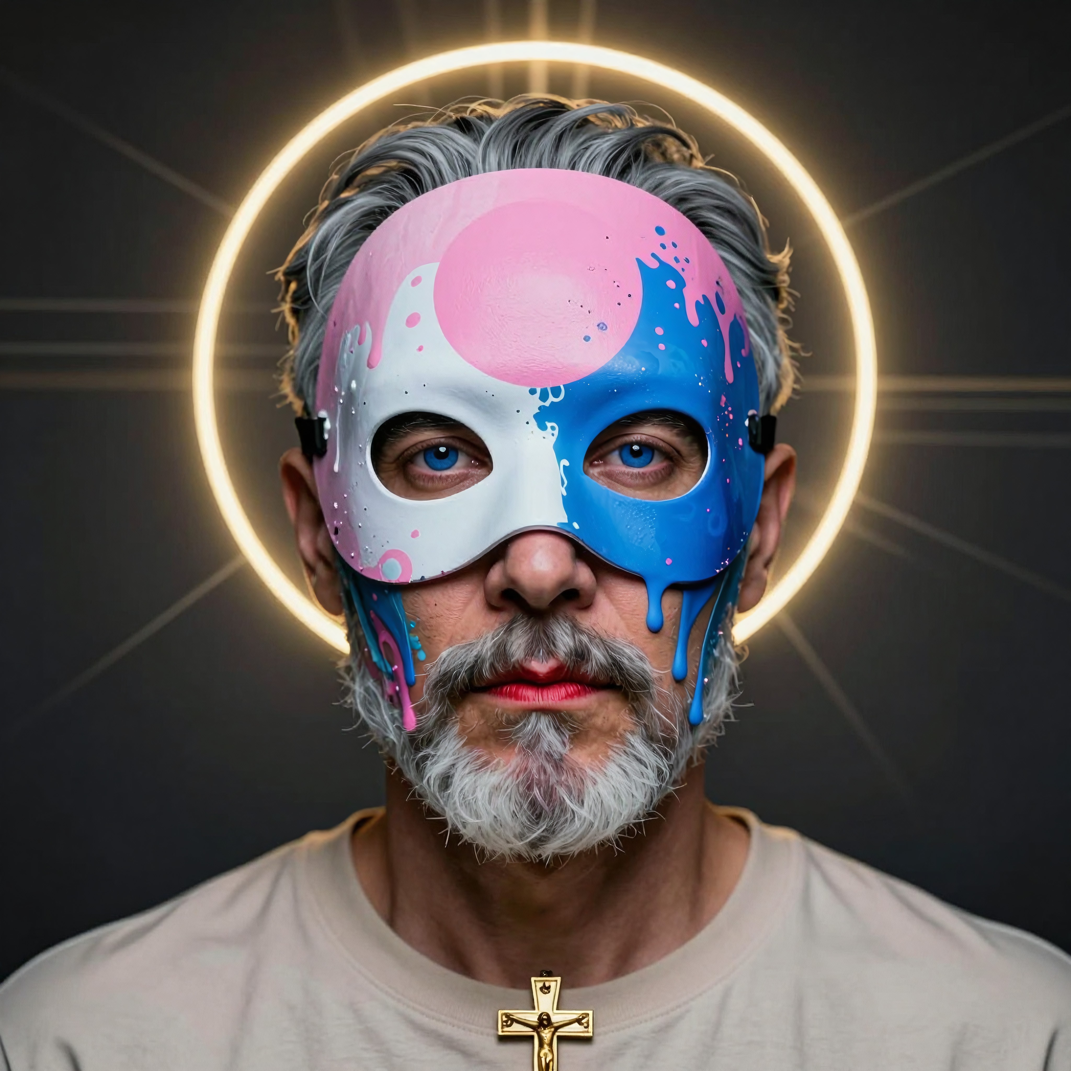 A man with a colorful, artistic mask stands against a halo of light, wearing a cross necklace.