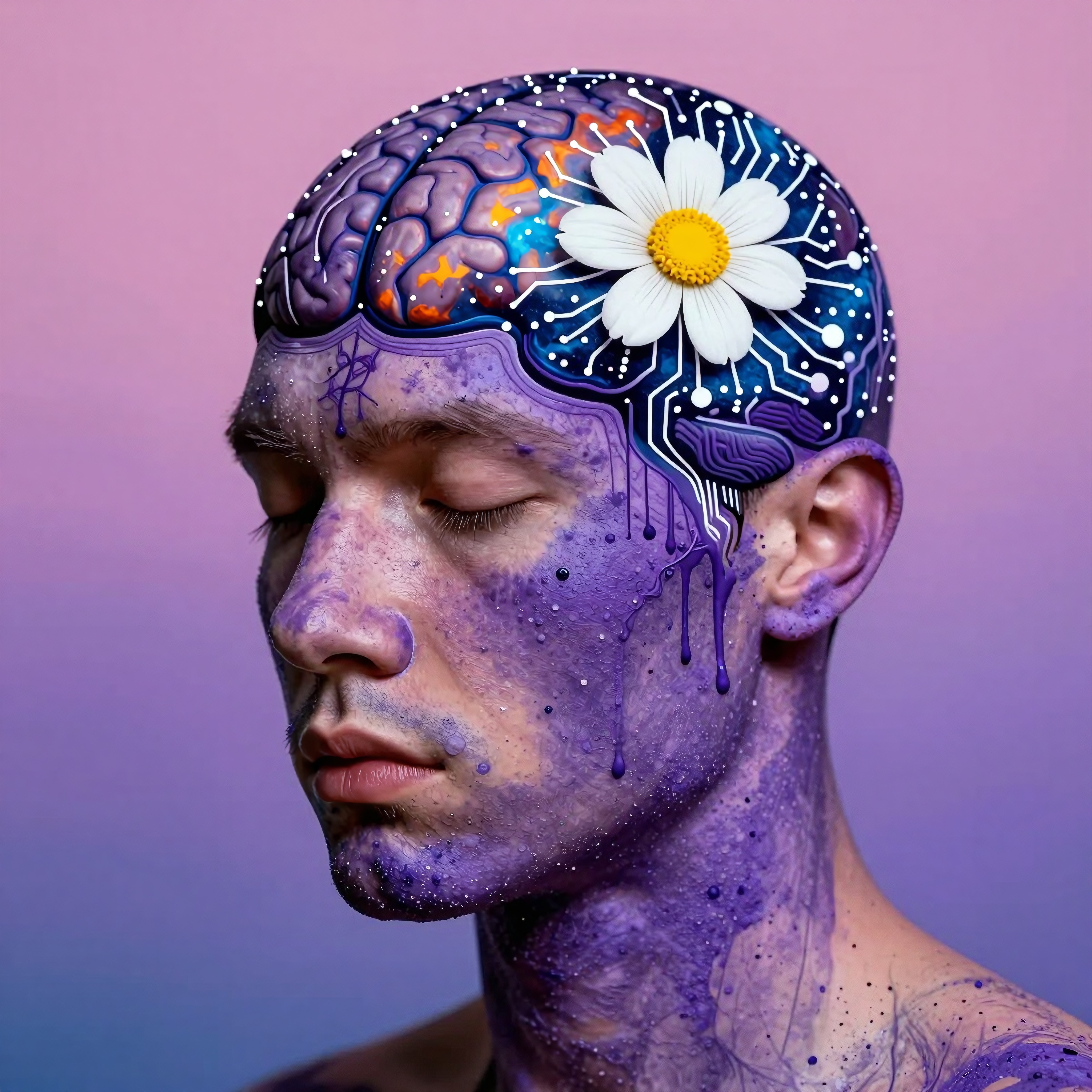 Surreal artwork of purple male with brain exposed, showcasing circuits and a daisy, on a dreamy pink background.