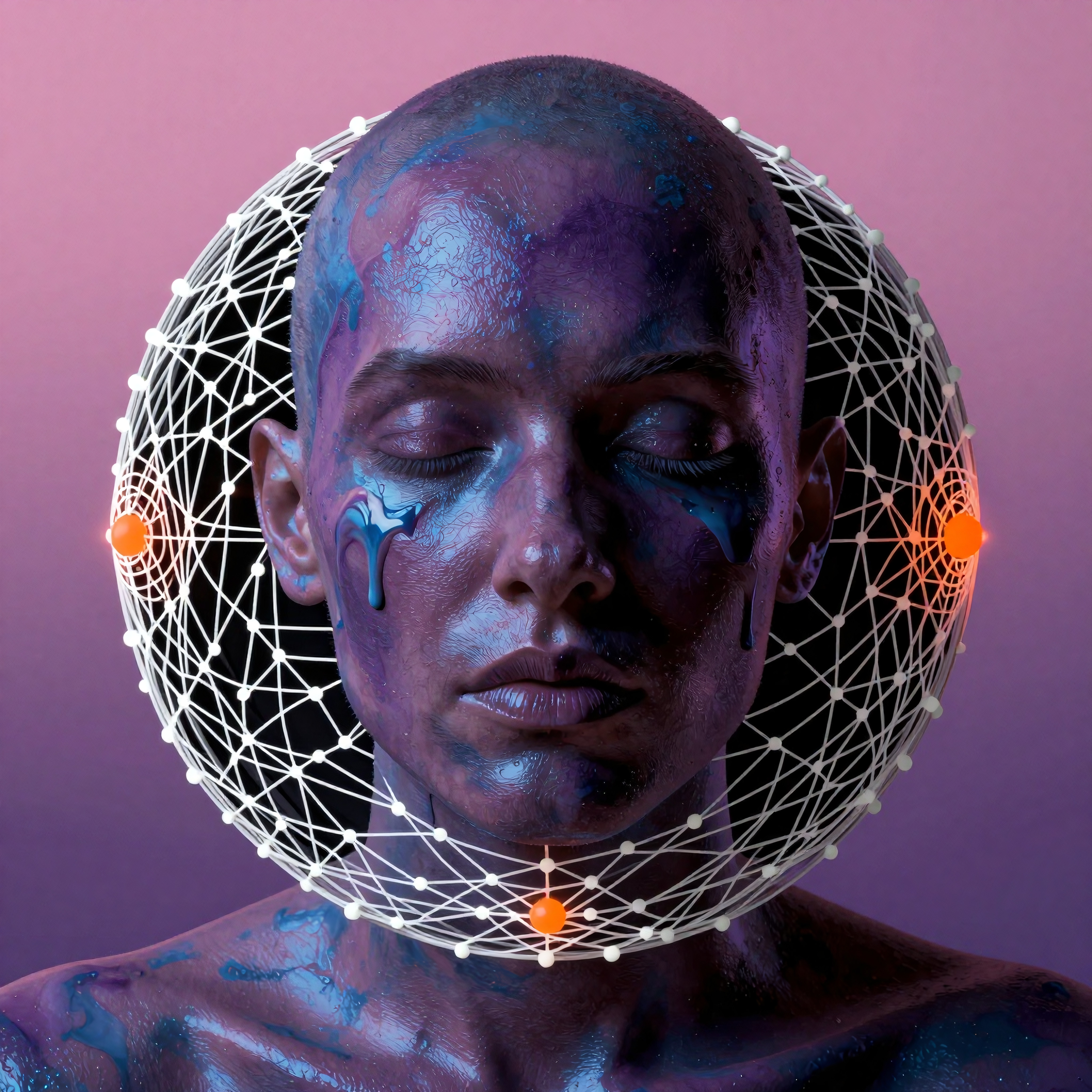Futuristic portrait of a person with a digital web-like structure and glowing nodes around their head, painted in vivid purples and blues against a cosmic gradient background.