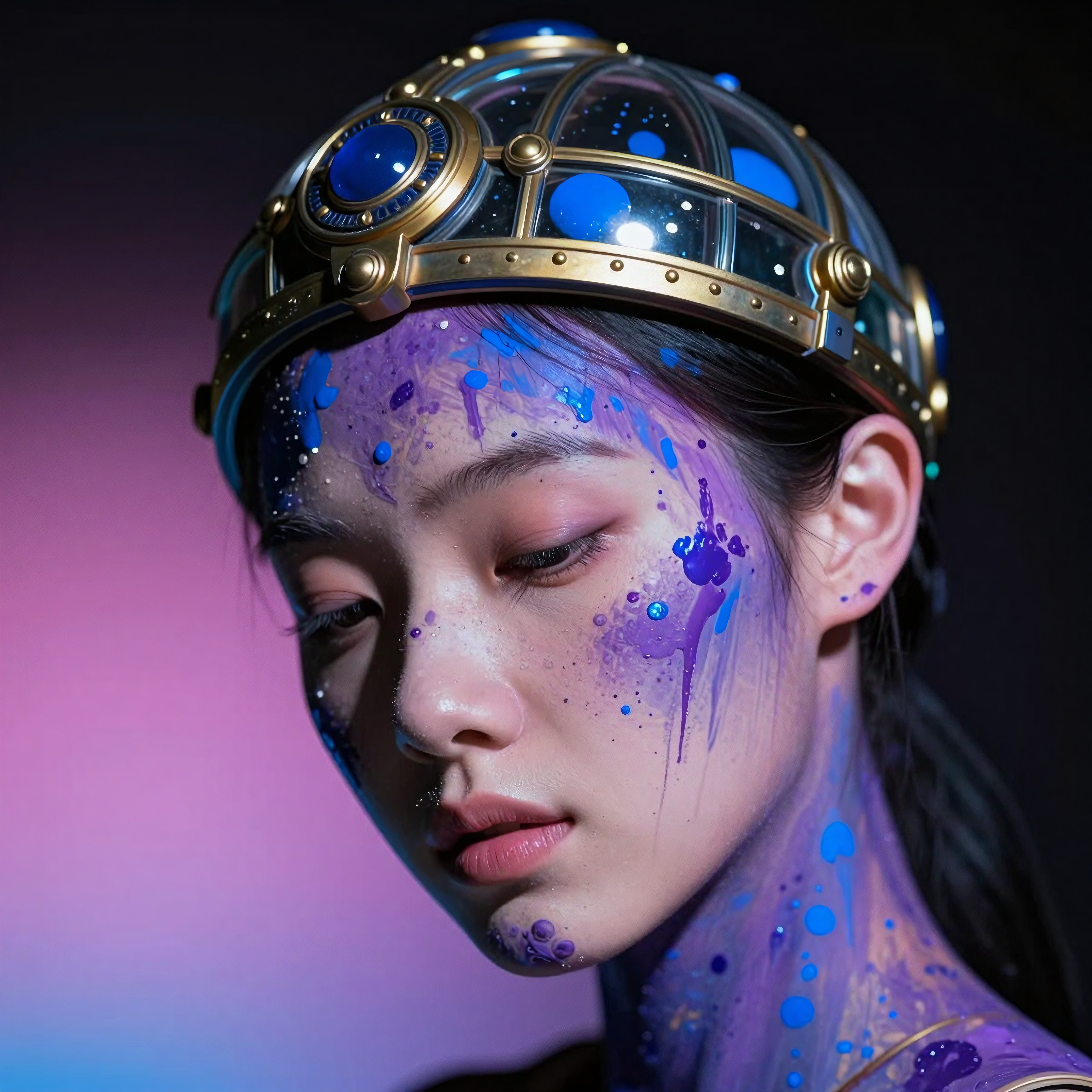 Futuristic woman with ornate helmet and colorful paint.