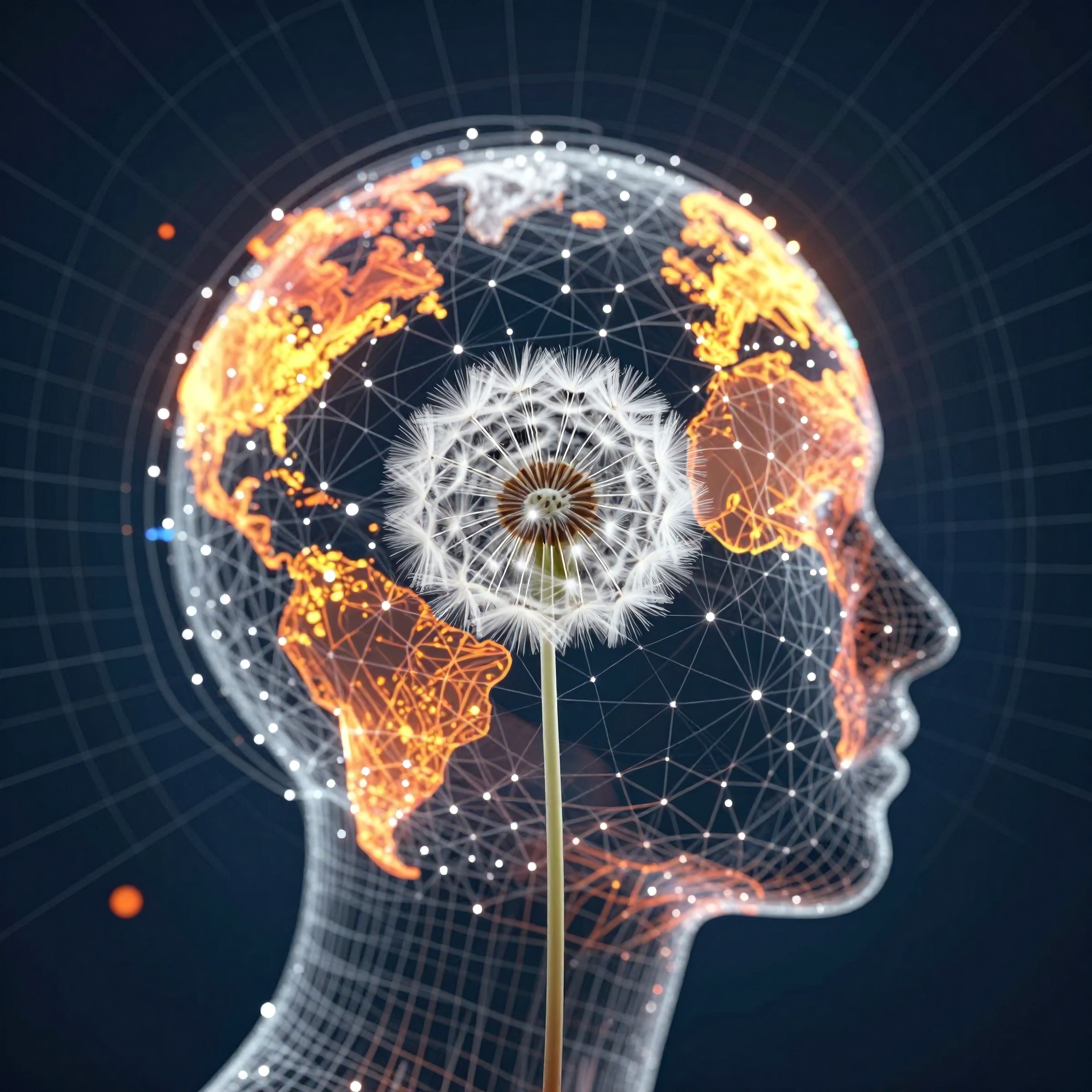 Digital head with glowing world map and dandelion symbolizing global connectivity and nature intersecting with technology.