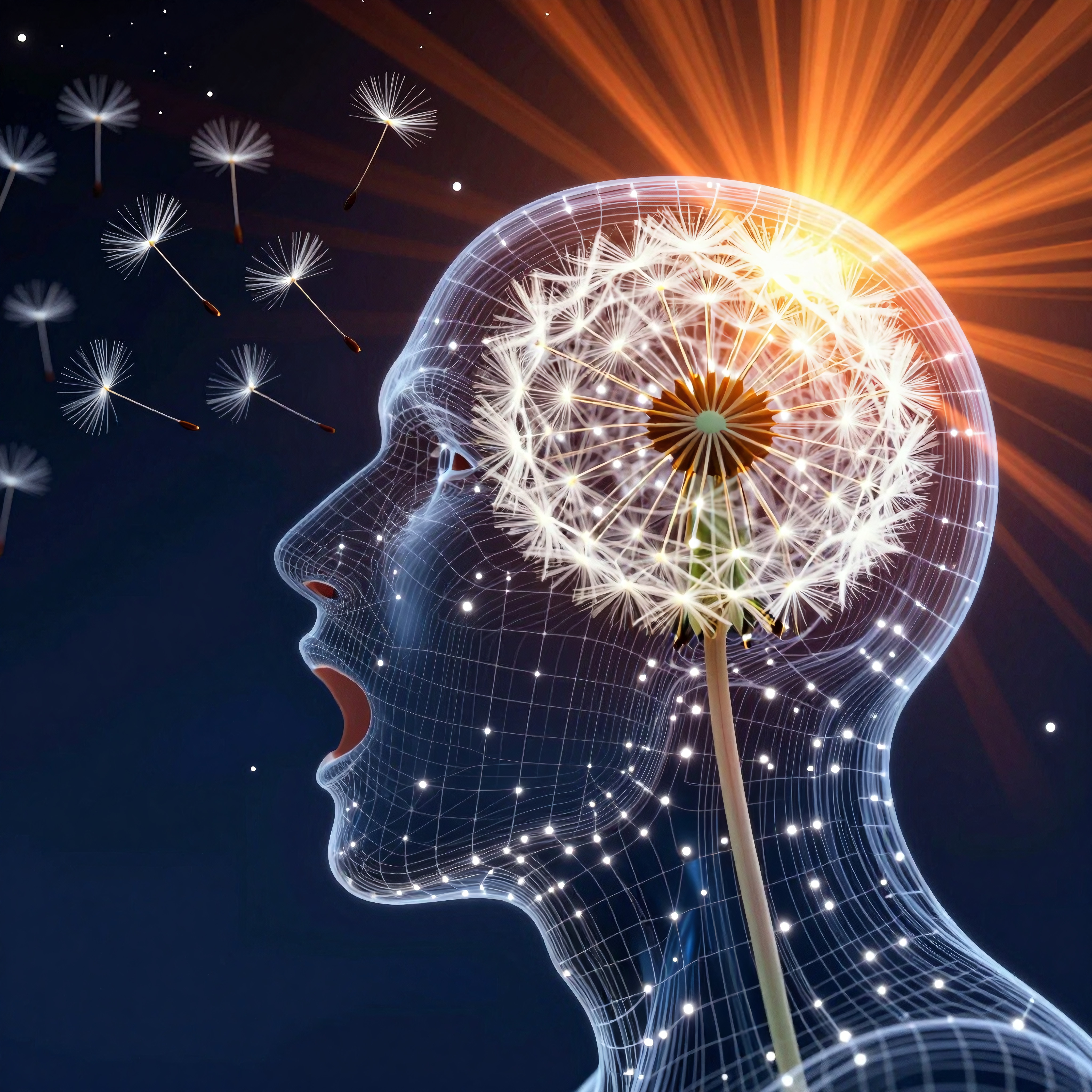 Digital human head with dandelion representing thoughts and creativity, under a starry sky.
