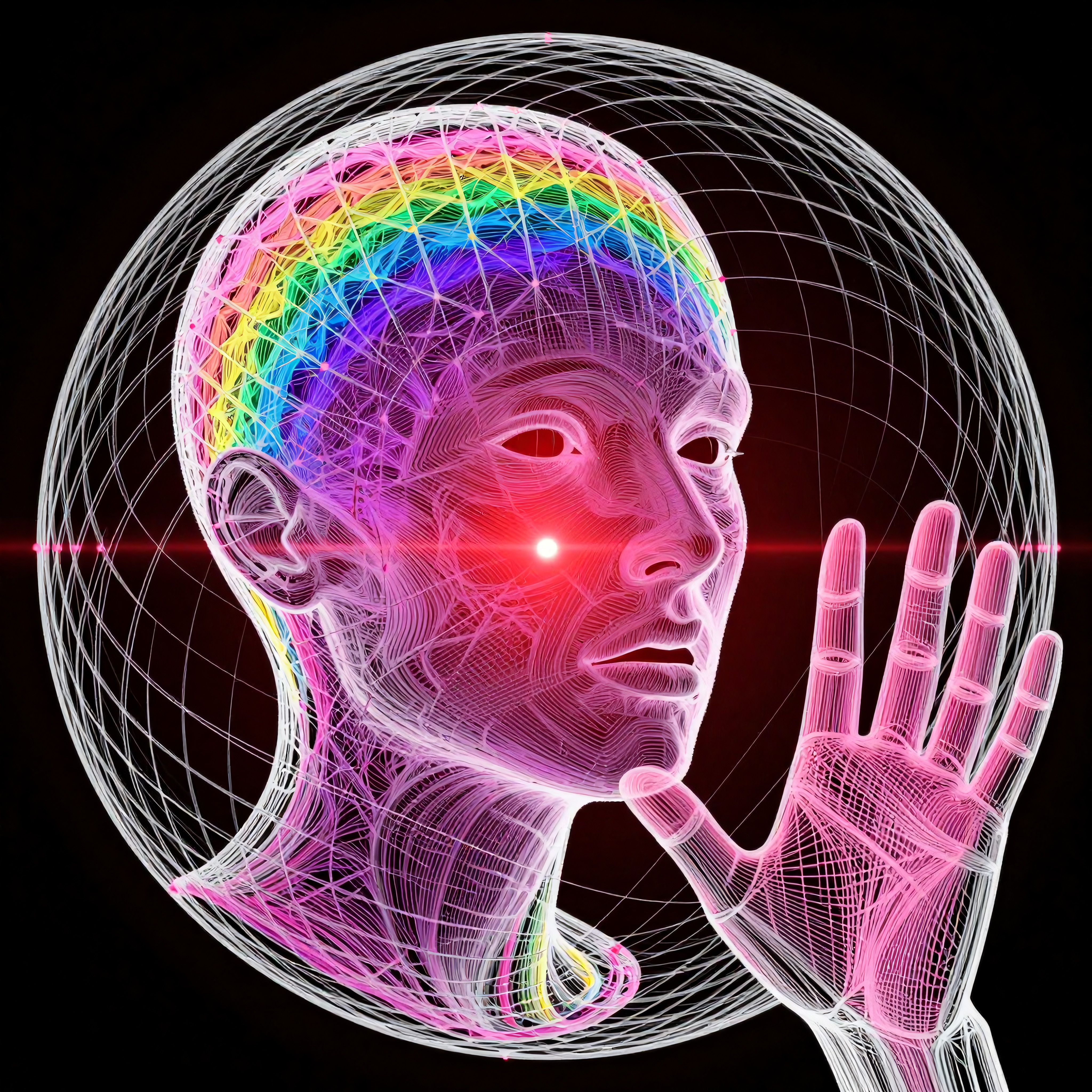 Futuristic digital rendering of human face and hand with rainbow colors and laser light.