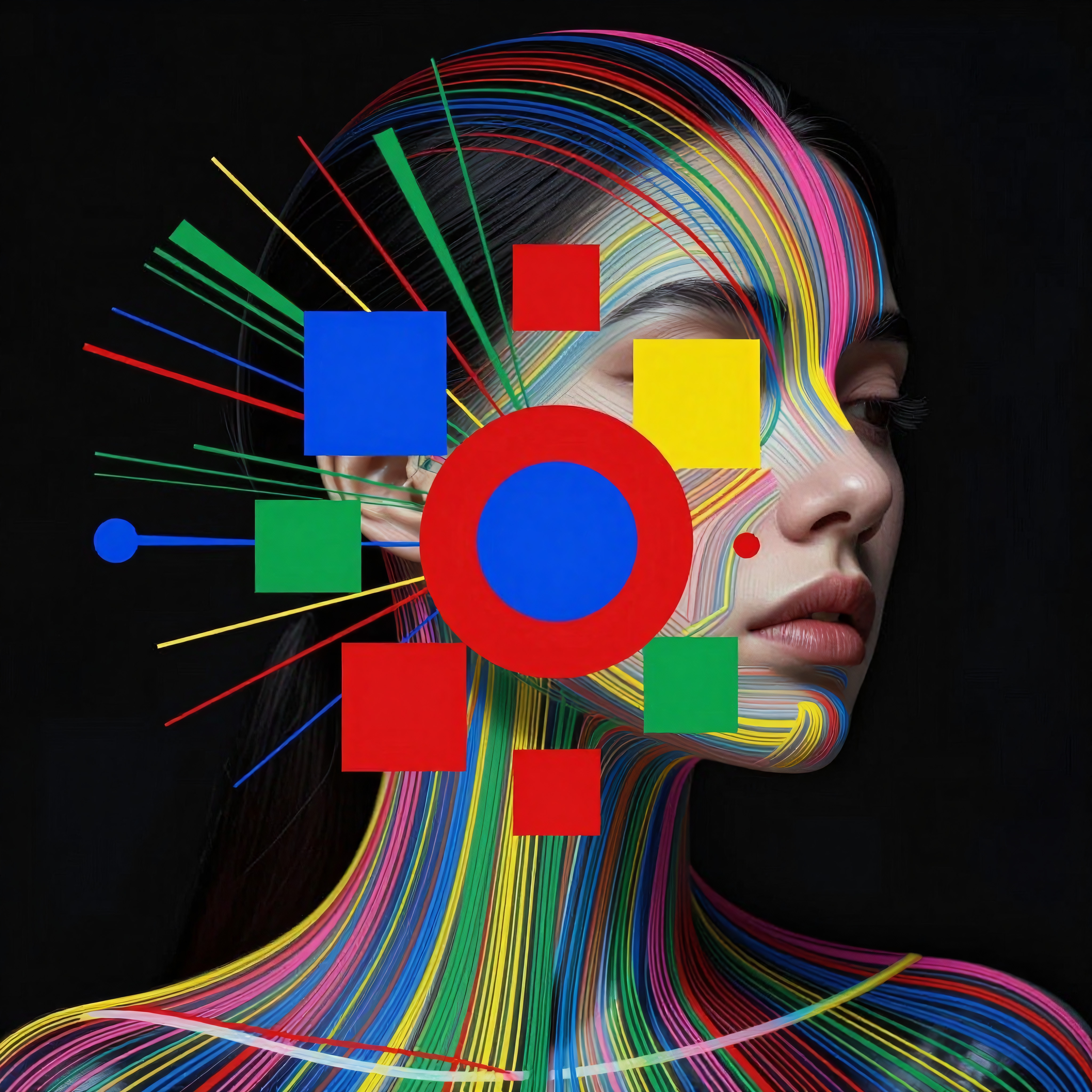 A woman’s face intertwined with colorful geometric shapes and lines on a black background.