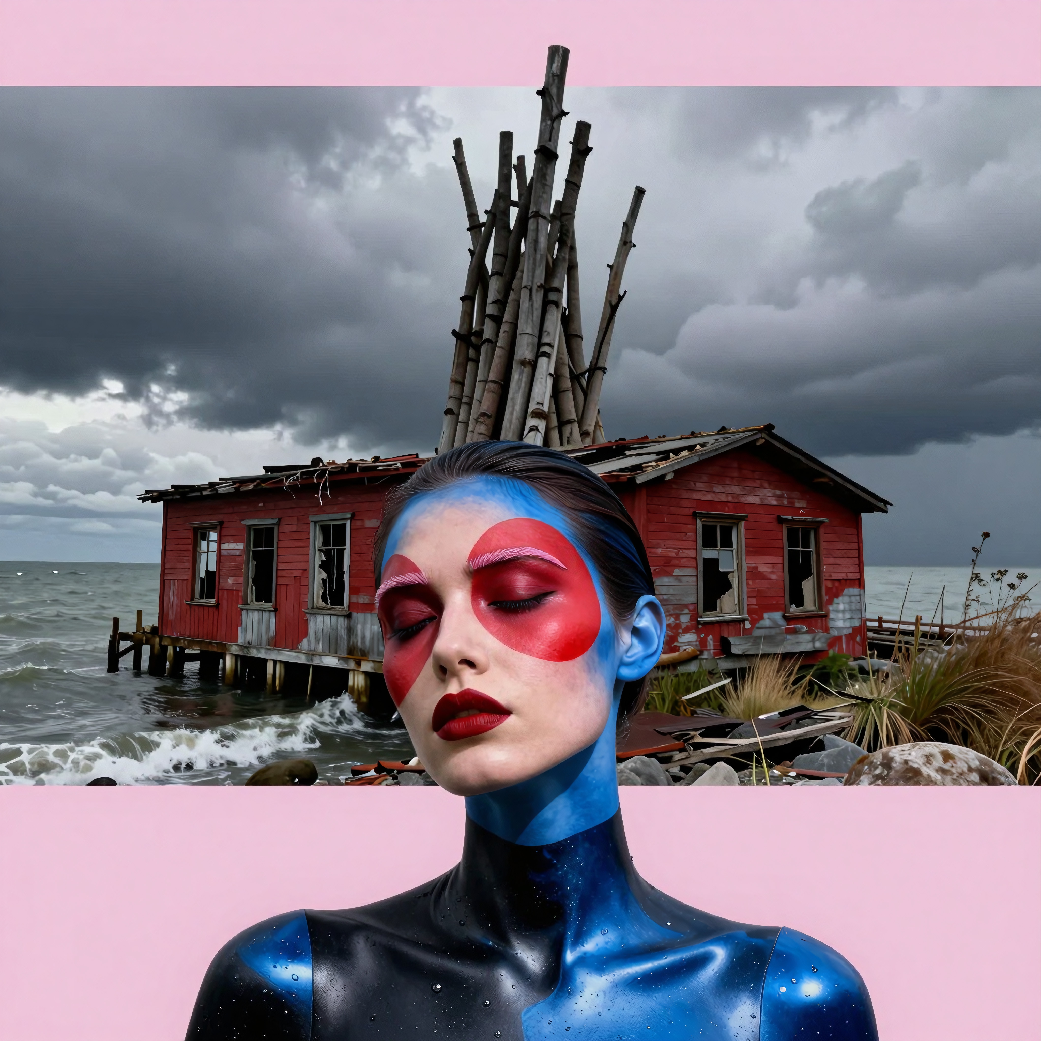 Vibrant face paint contrasts stormy seaside shack.