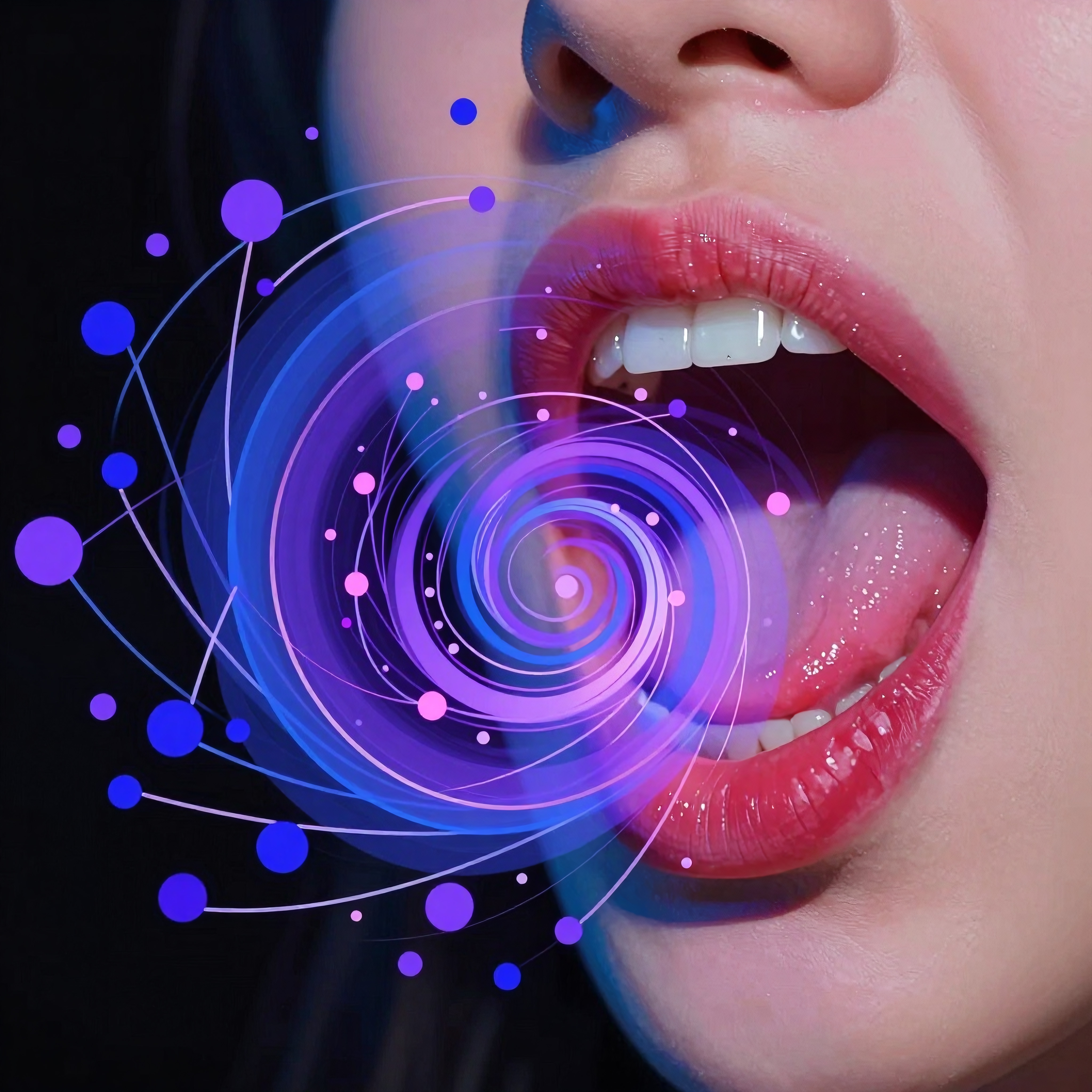 Close-up of open lips surrounded by swirling neon patterns.
