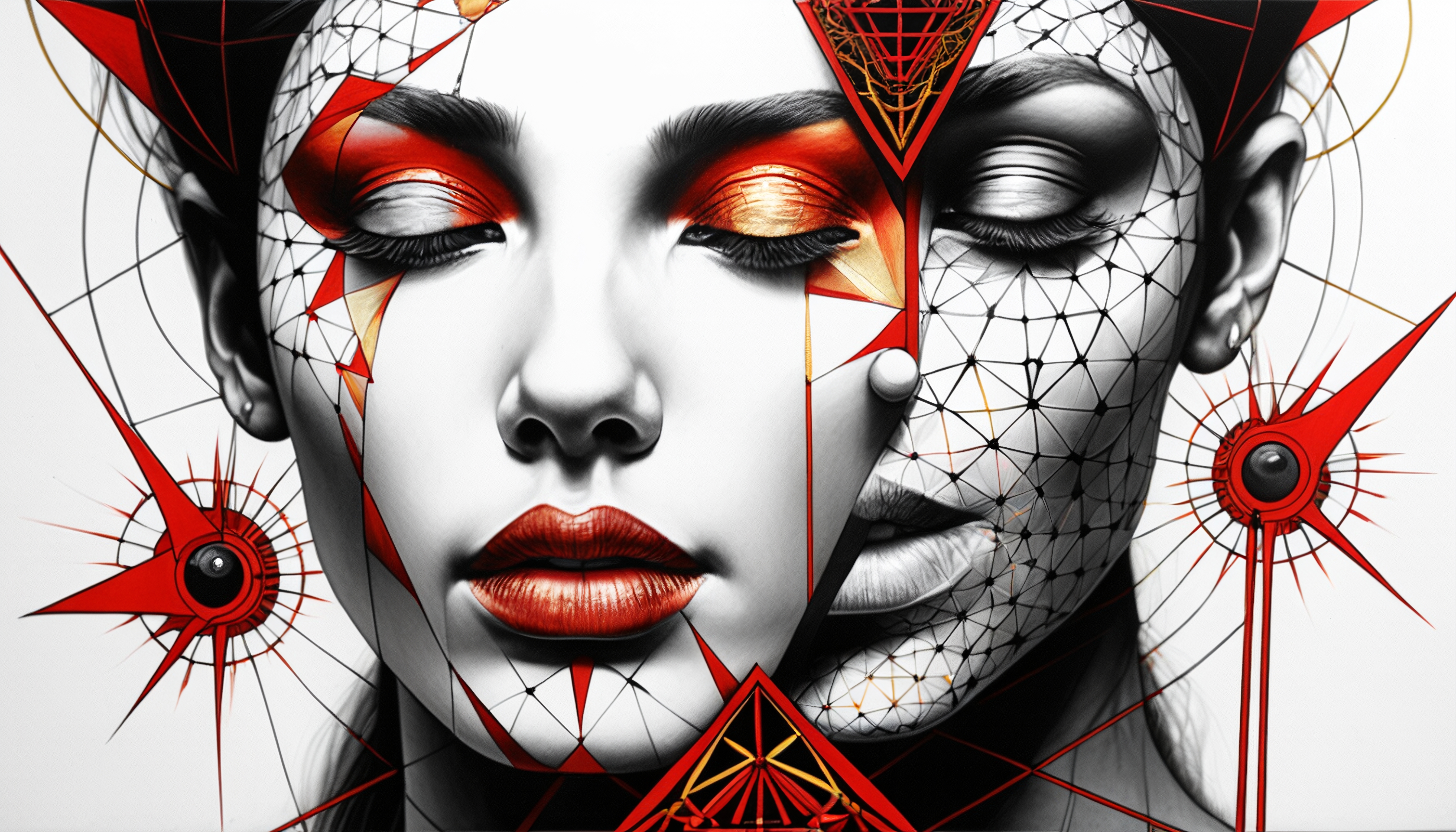 Stylized Digital Portrait with Geometric Split Face and Red Acce