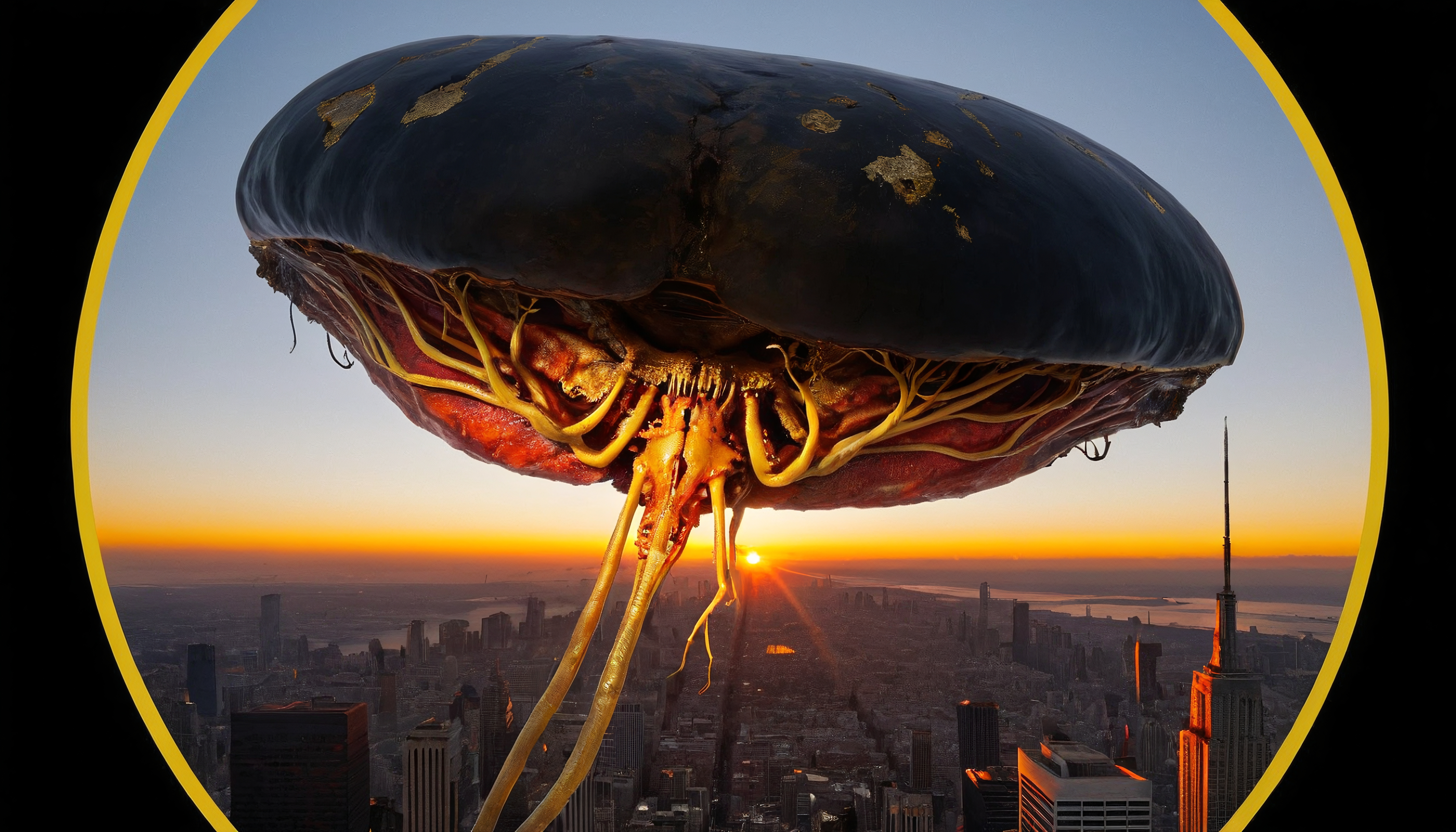 Giant alien jellyfish over New York City skyline at sunset with glowing tentacles.