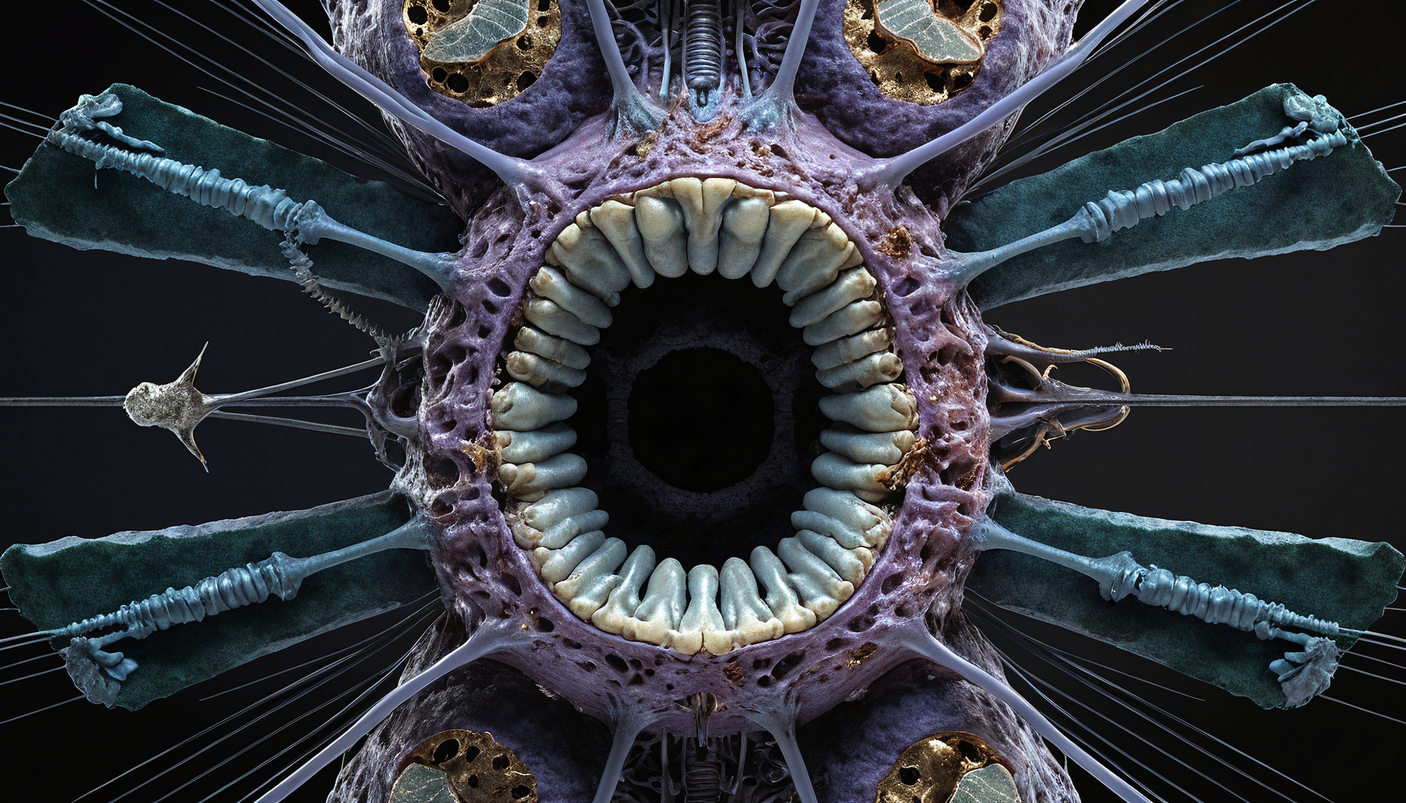 Surreal symmetrical design of an alien creature with intricate details and vibrant colors.