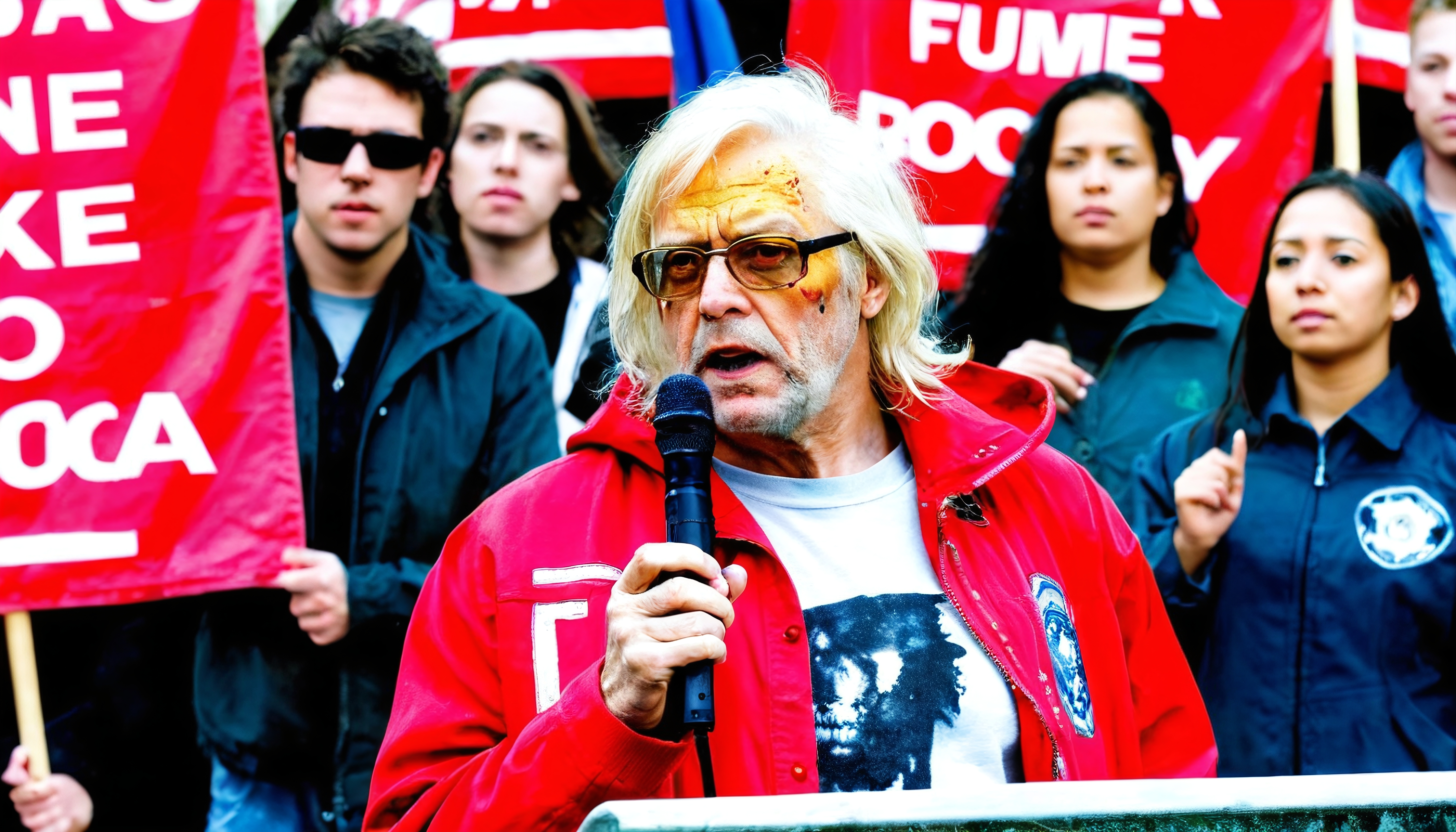 A man in a red jacket and tinted glasses speaks into a microphone during a public protest, surrounded by a focused crowd holding red banners.