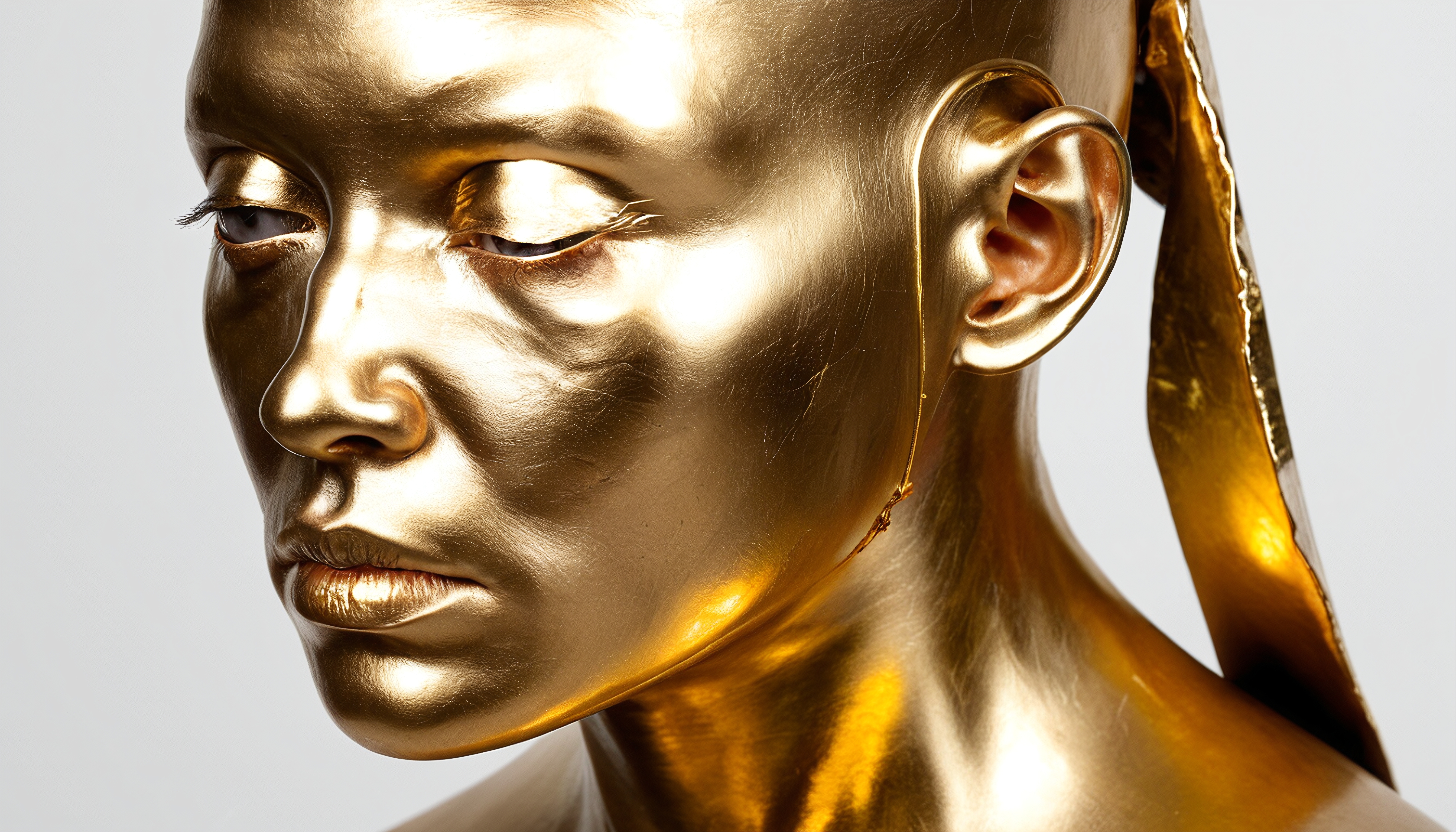 Close-up of Polished Gold Human Sculpture with Realistic Facial