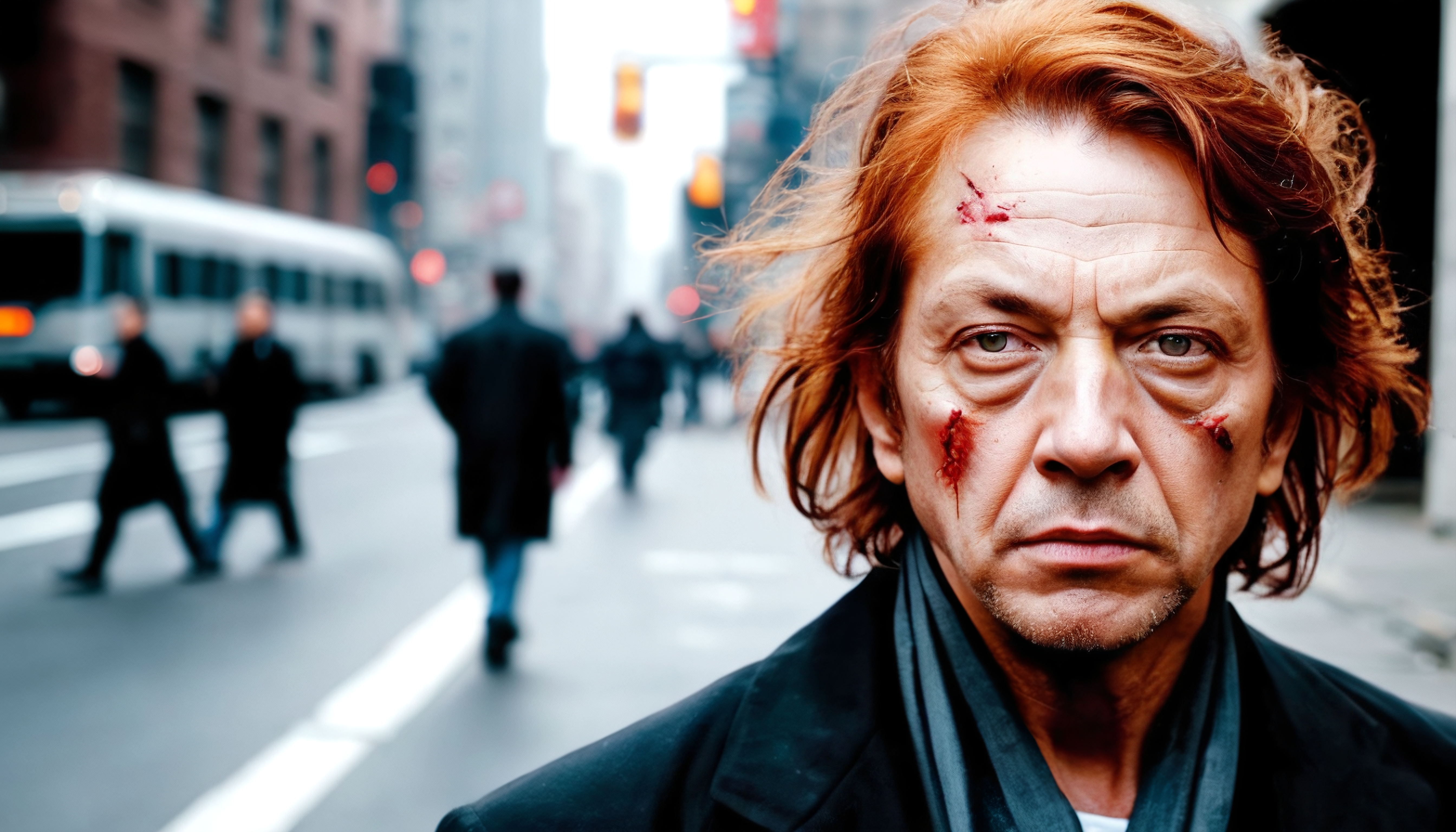 Bloodstained man with red hair in city street, urban background with pedestrians and traffic, injury on face, realistic street scene photograph