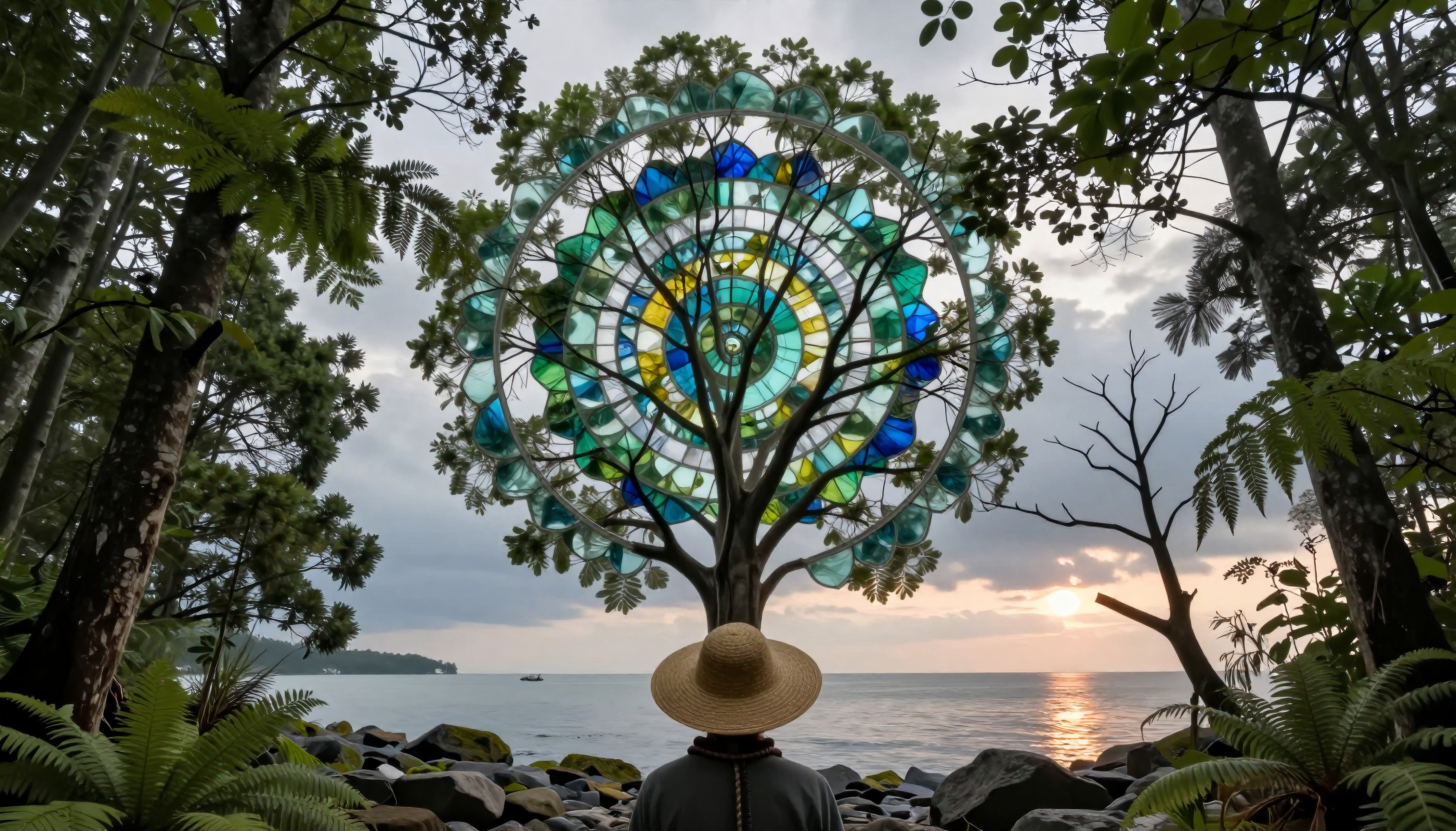 A person in a straw hat admires a tree embellished with a stained glass mandala by the ocean at sunset.