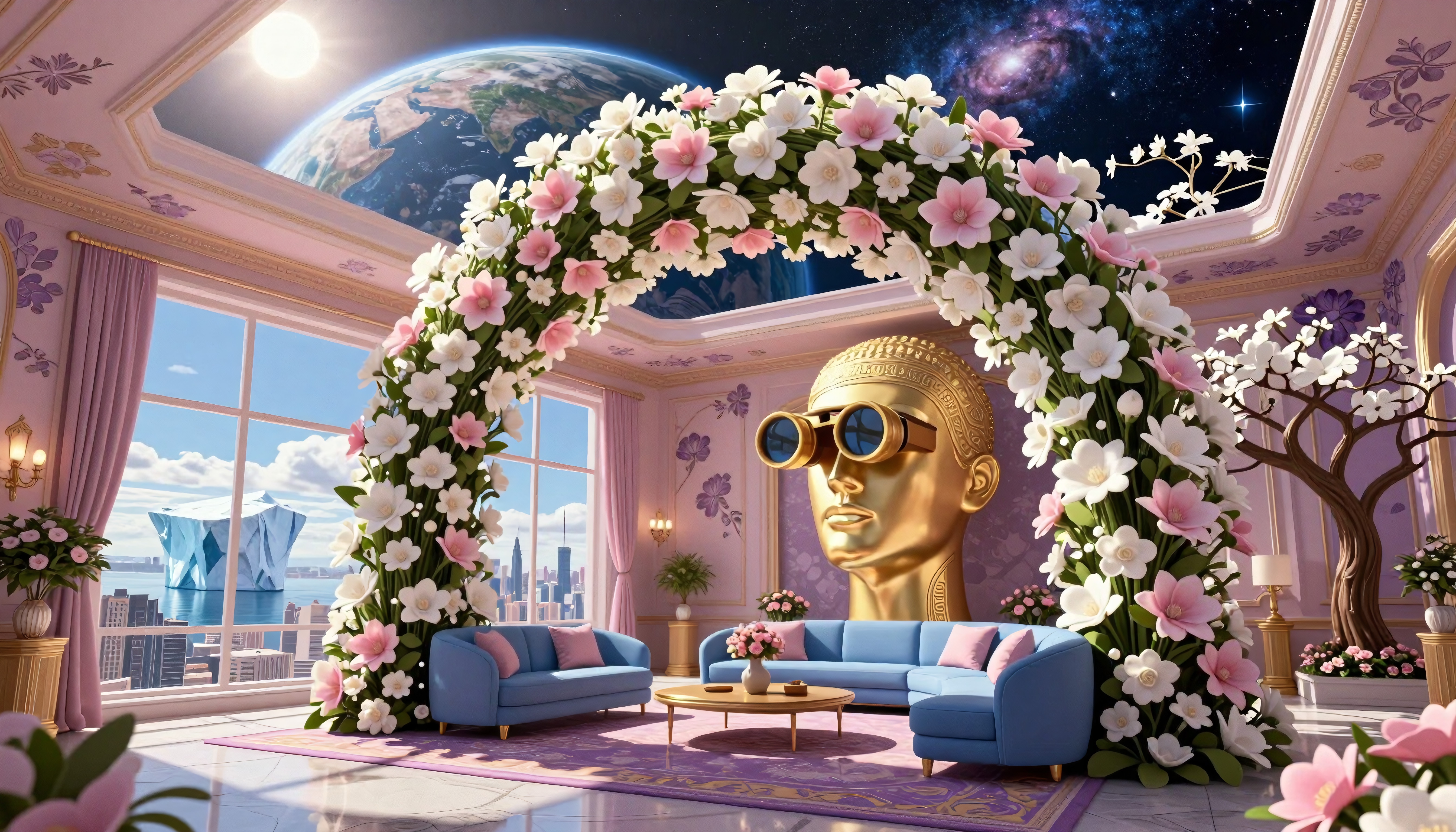 Luxurious room with floral arch, golden statue, cosmic ceiling, and city view.