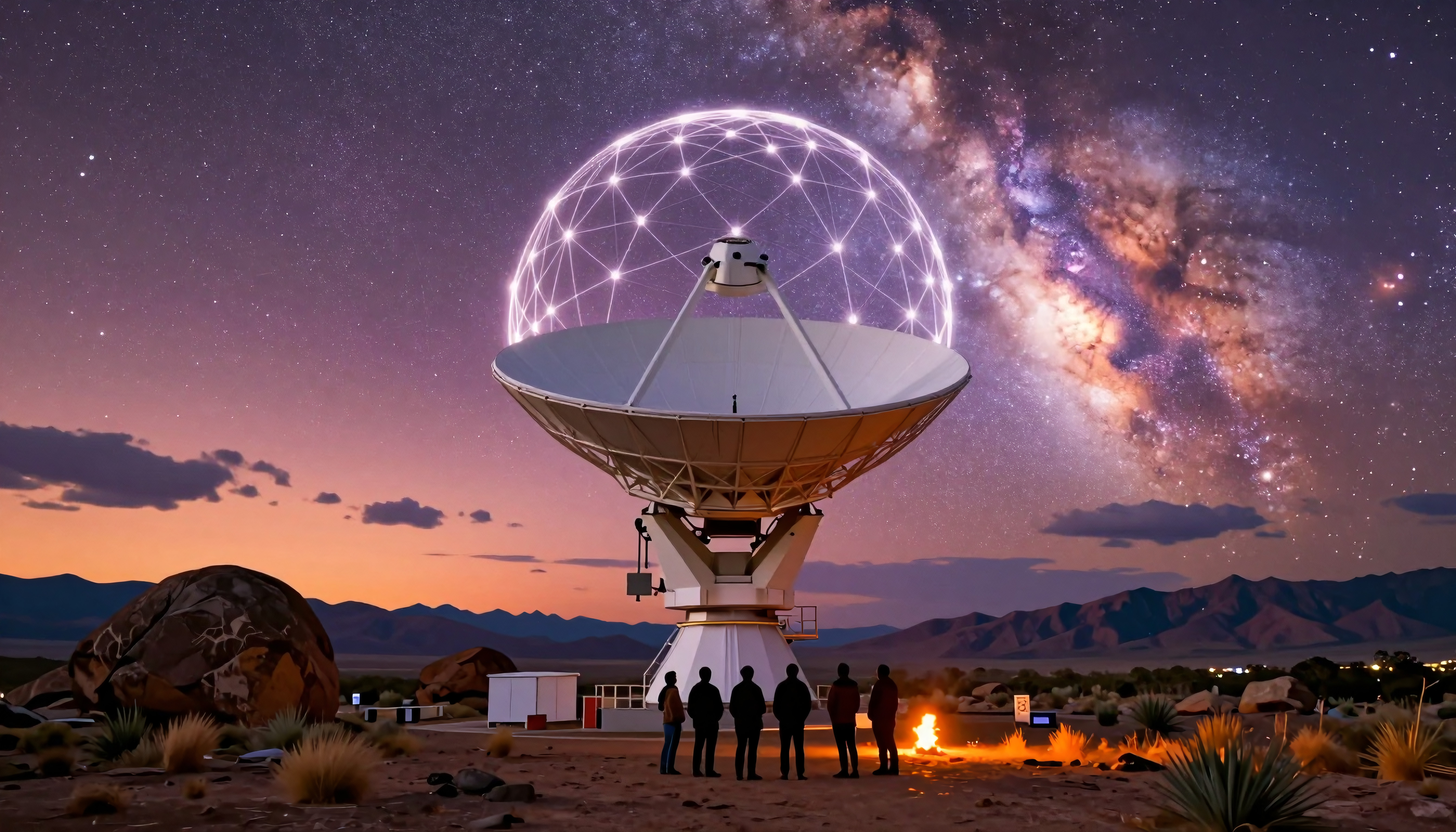 Radio telescope under Milky Way in desert at night with astronomers and campfire