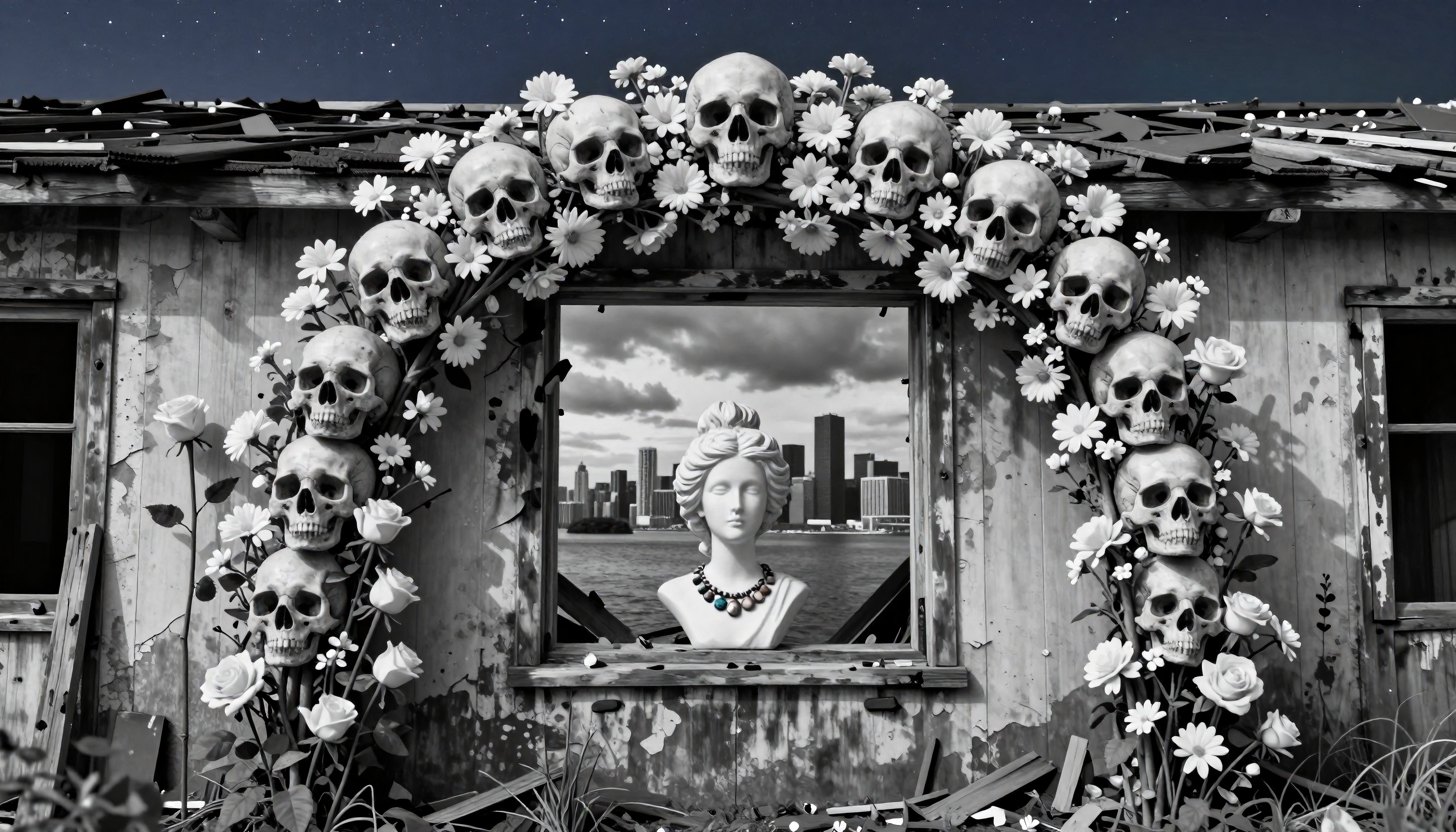 Ethereal scene of skulls and flowers with a city skyline backdrop.