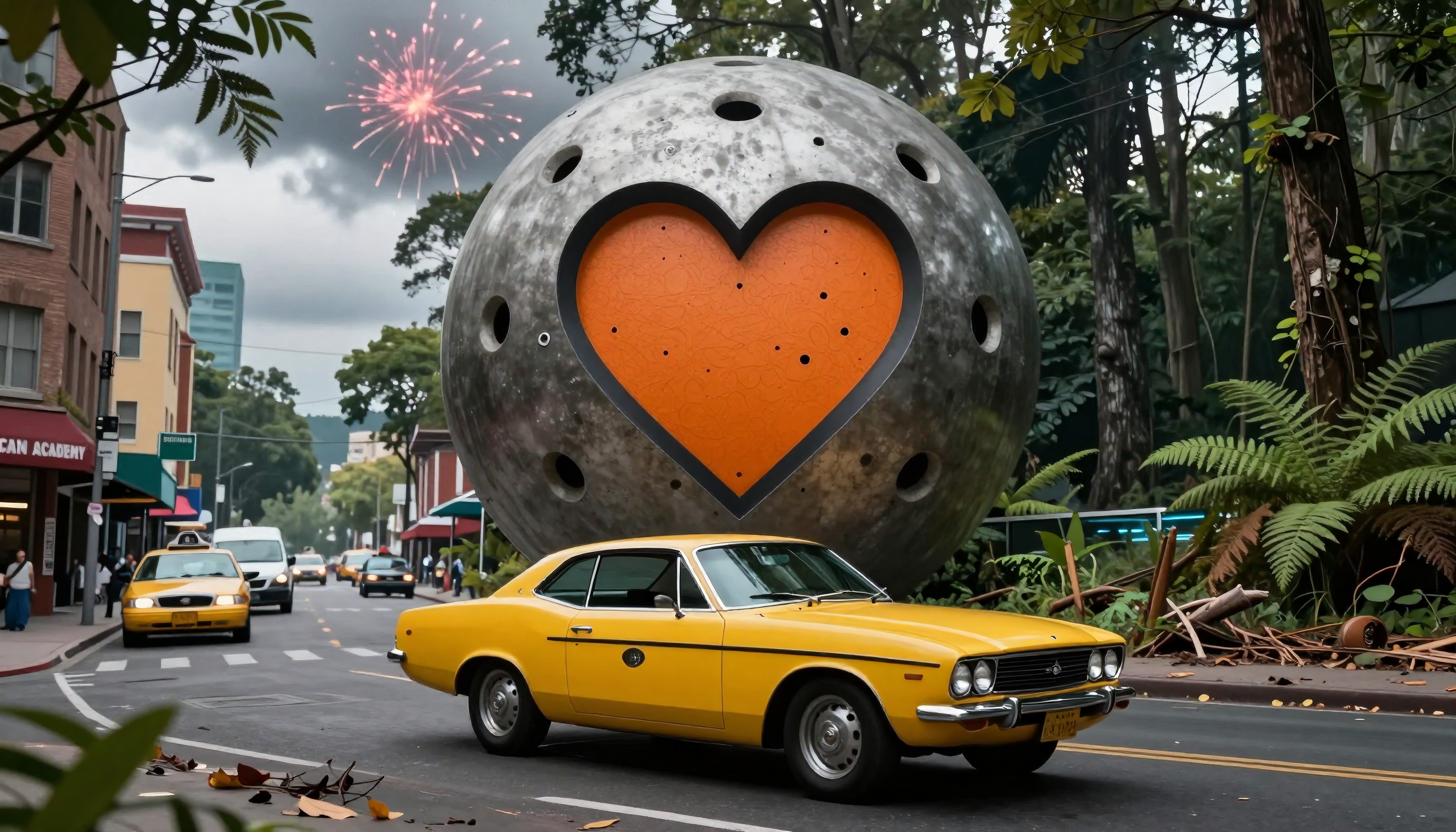 Yellow vintage car near giant heart sculpture on street, fireworks in dusky sky.