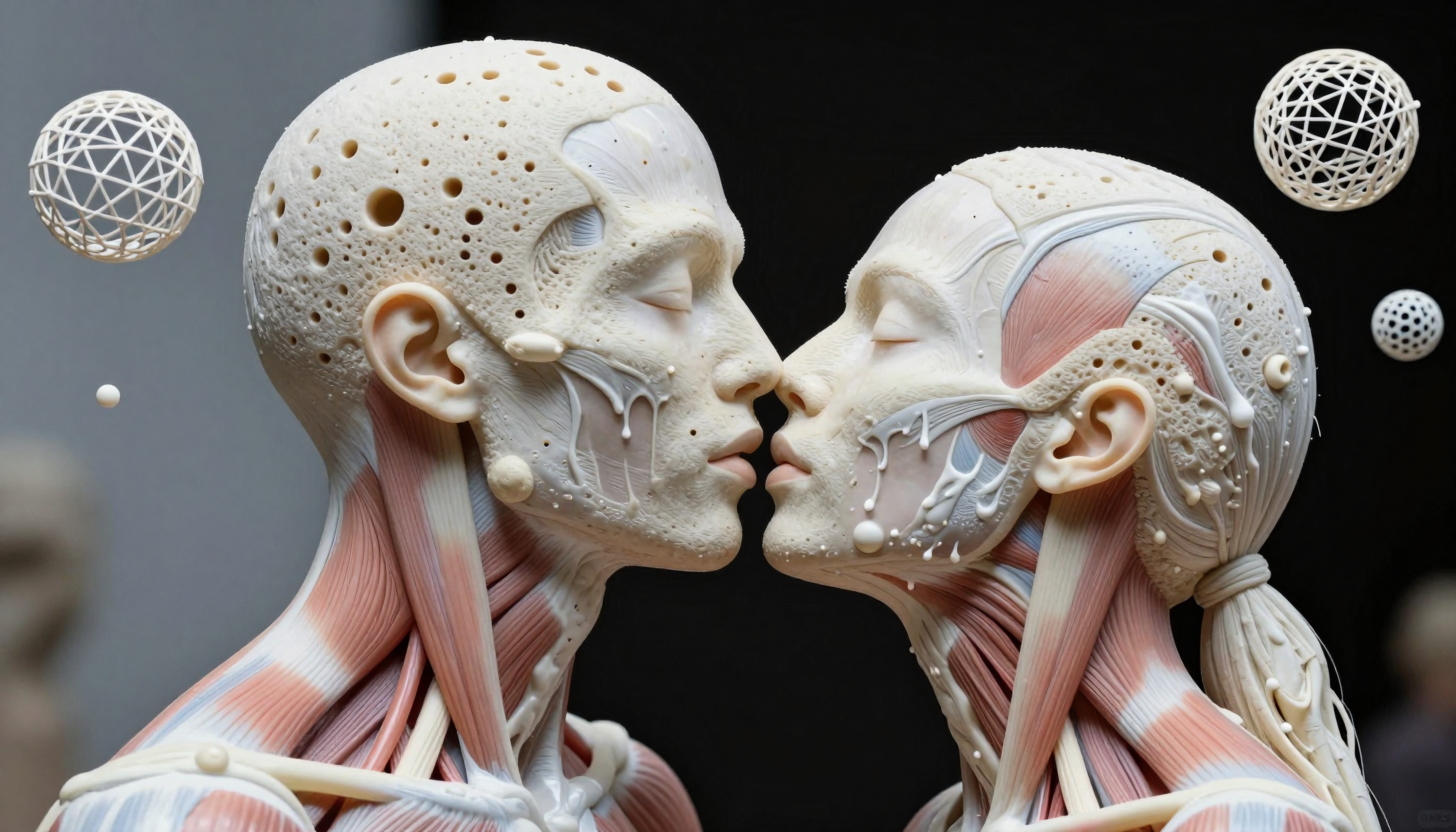 Surrealistic anatomical sculptures of two figures kissing, surrounded by floating geometric orbs.