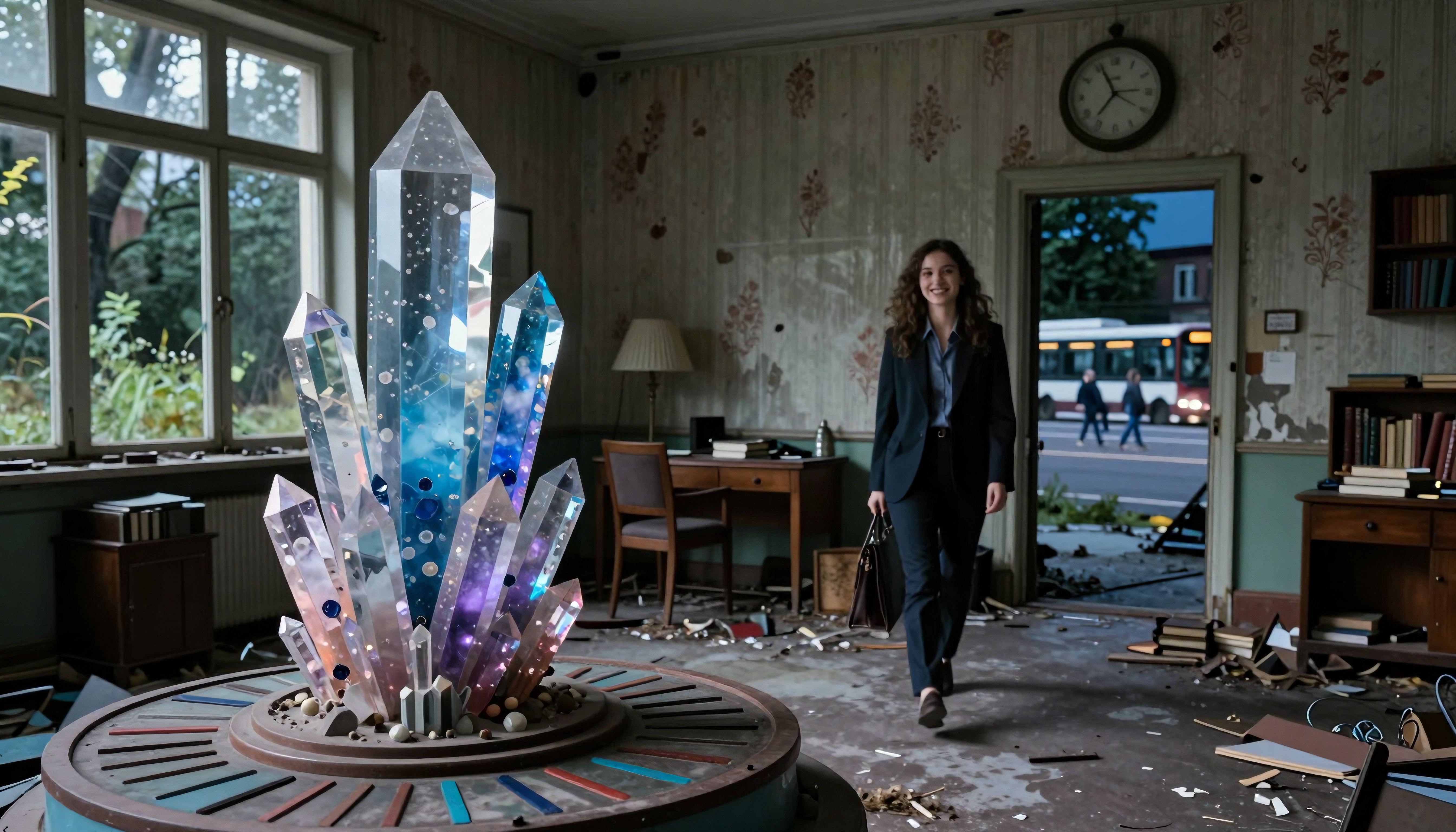 A mysterious room features glowing crystals with a woman entering, blending magic and modernity.
