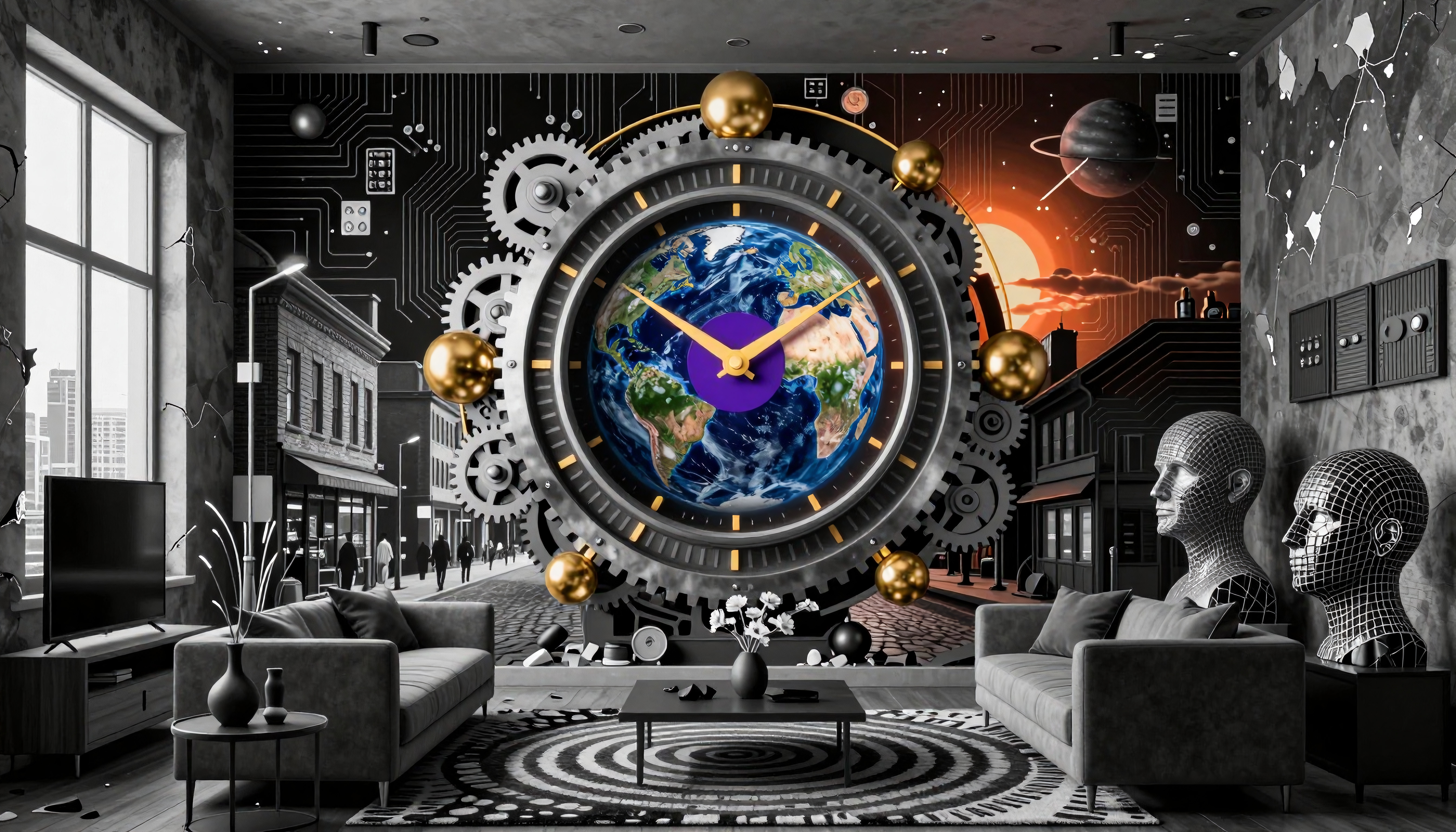 Surreal living room with futuristic earth clock.