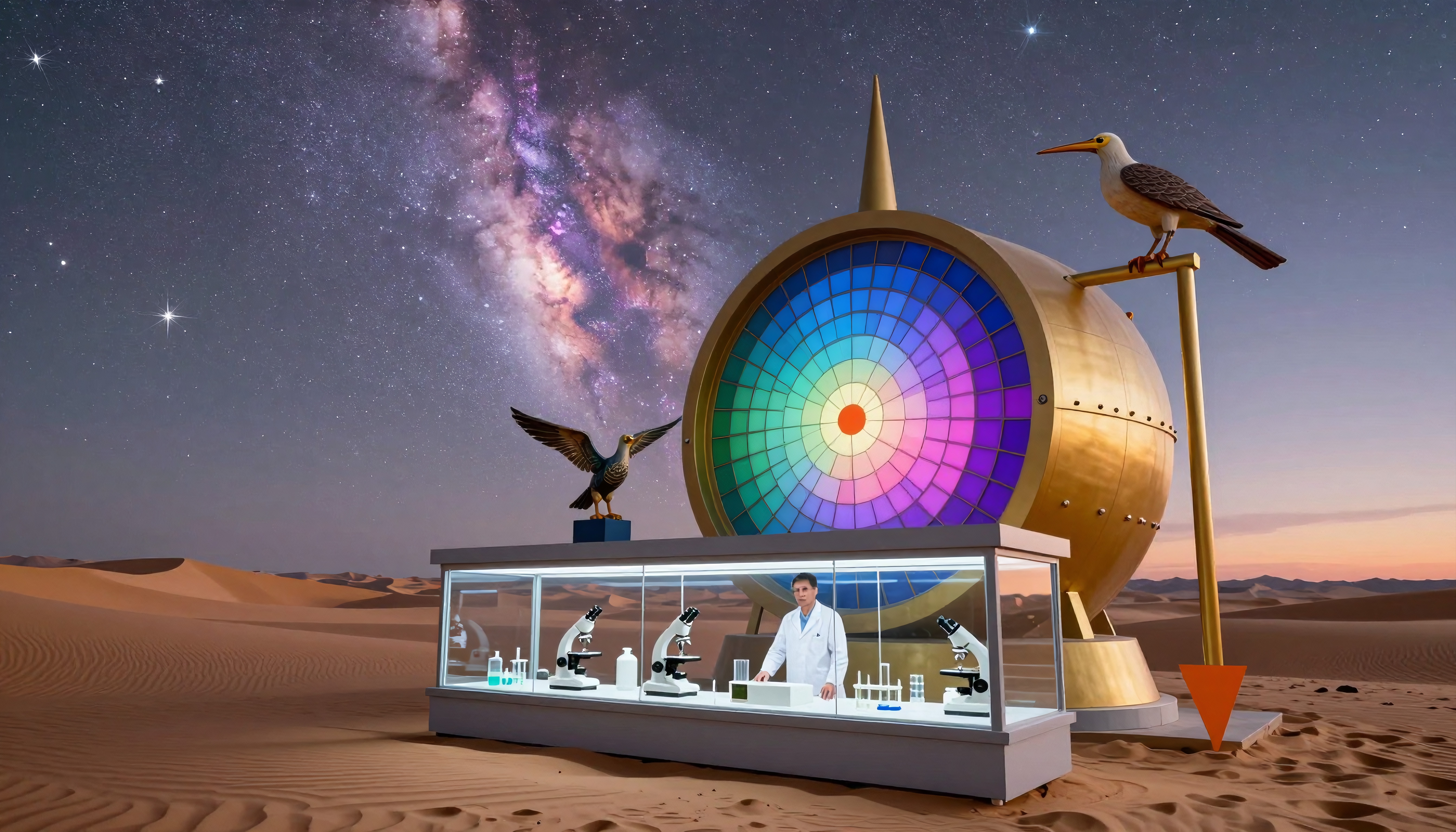 Scientist in a desert lab with a cosmic backdrop.