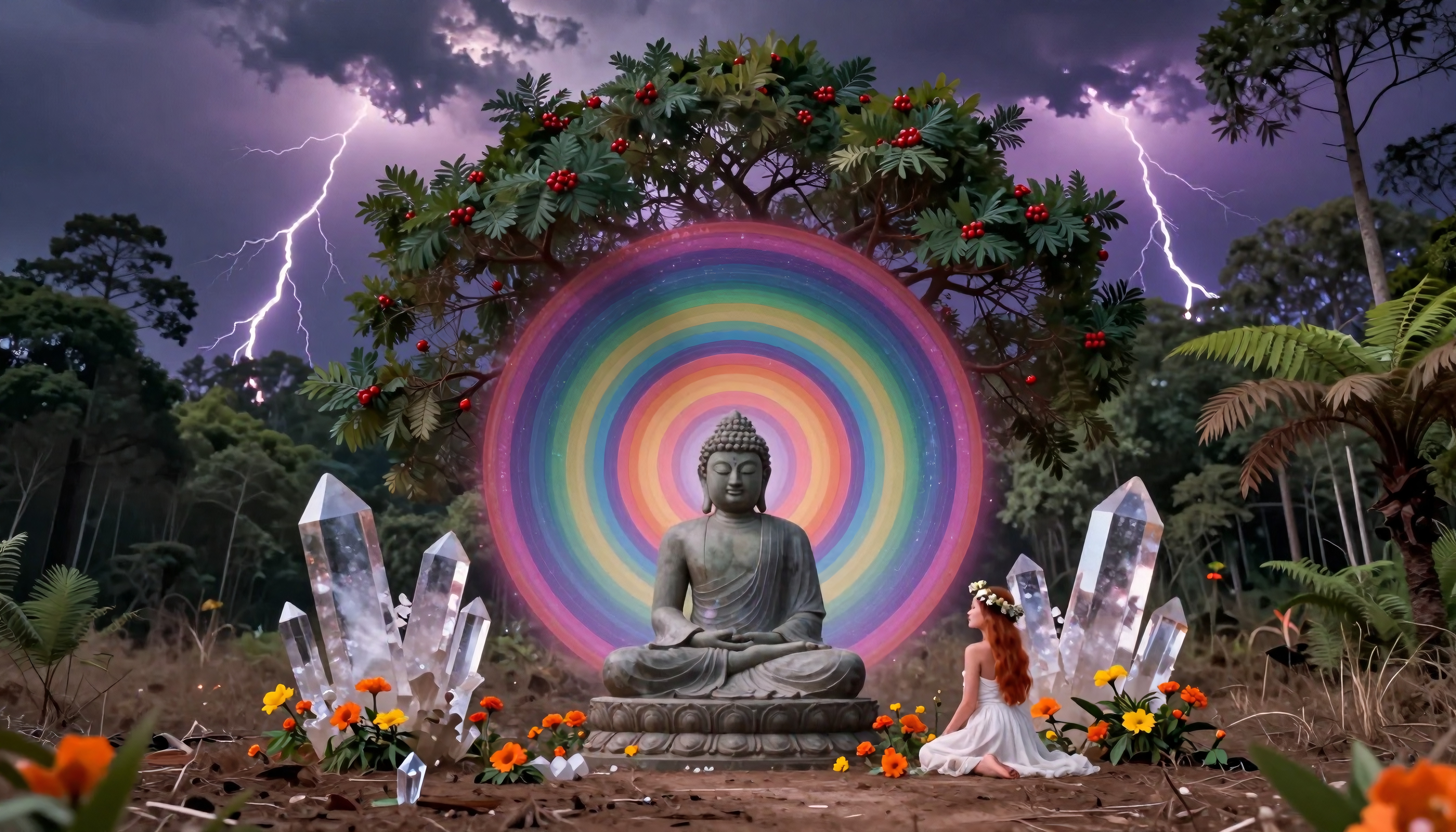 A serene meditation scene with Buddha, rainbow, and nature amidst a stormy backdrop with lightning.