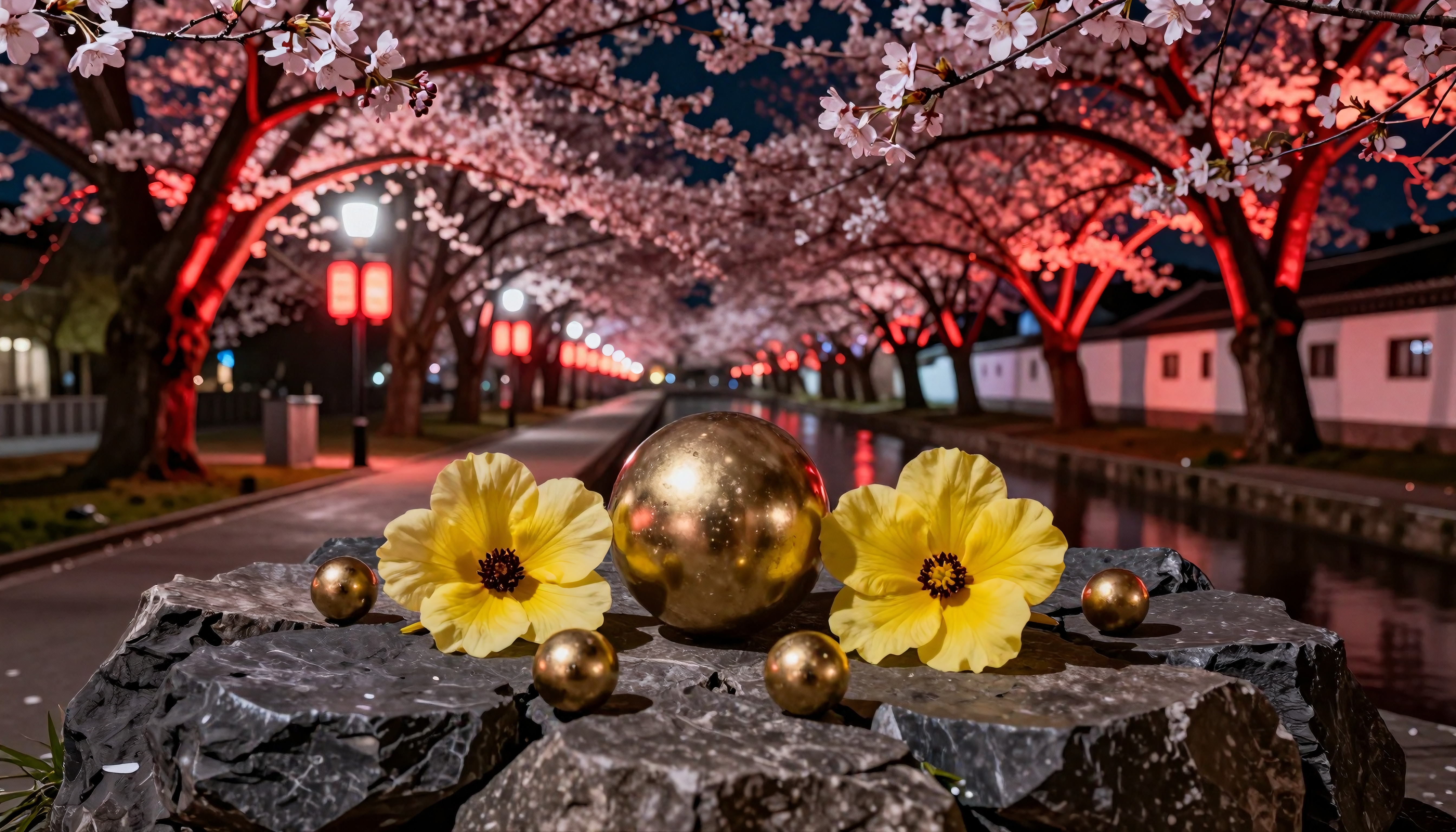 Golden spheres and yellow flowers on stones beneath illuminated cherry blossom trees at night.