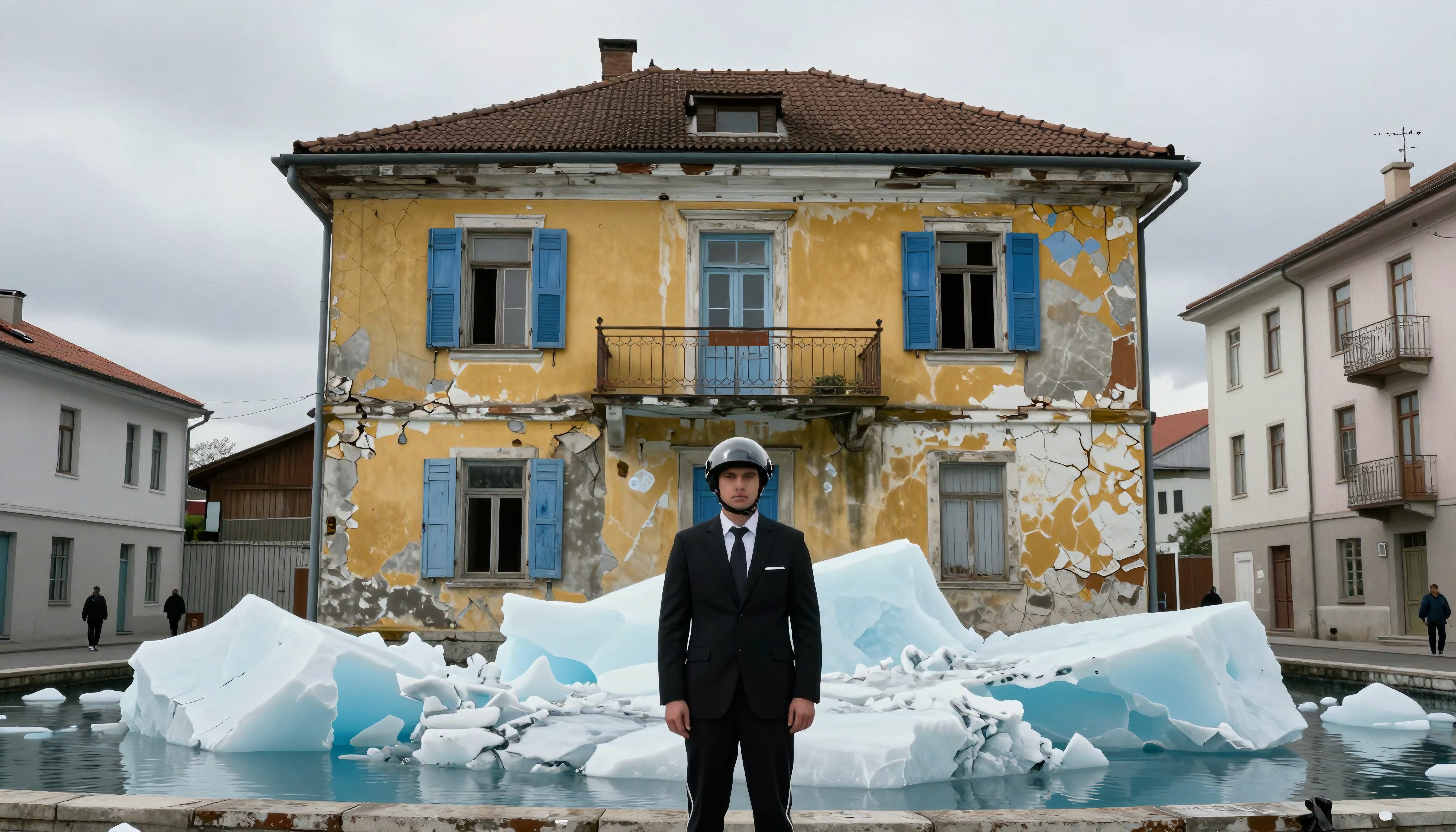 A man in a suit and helmet stands in front of a decaying yellow house with ice-like sculptures in a pool.