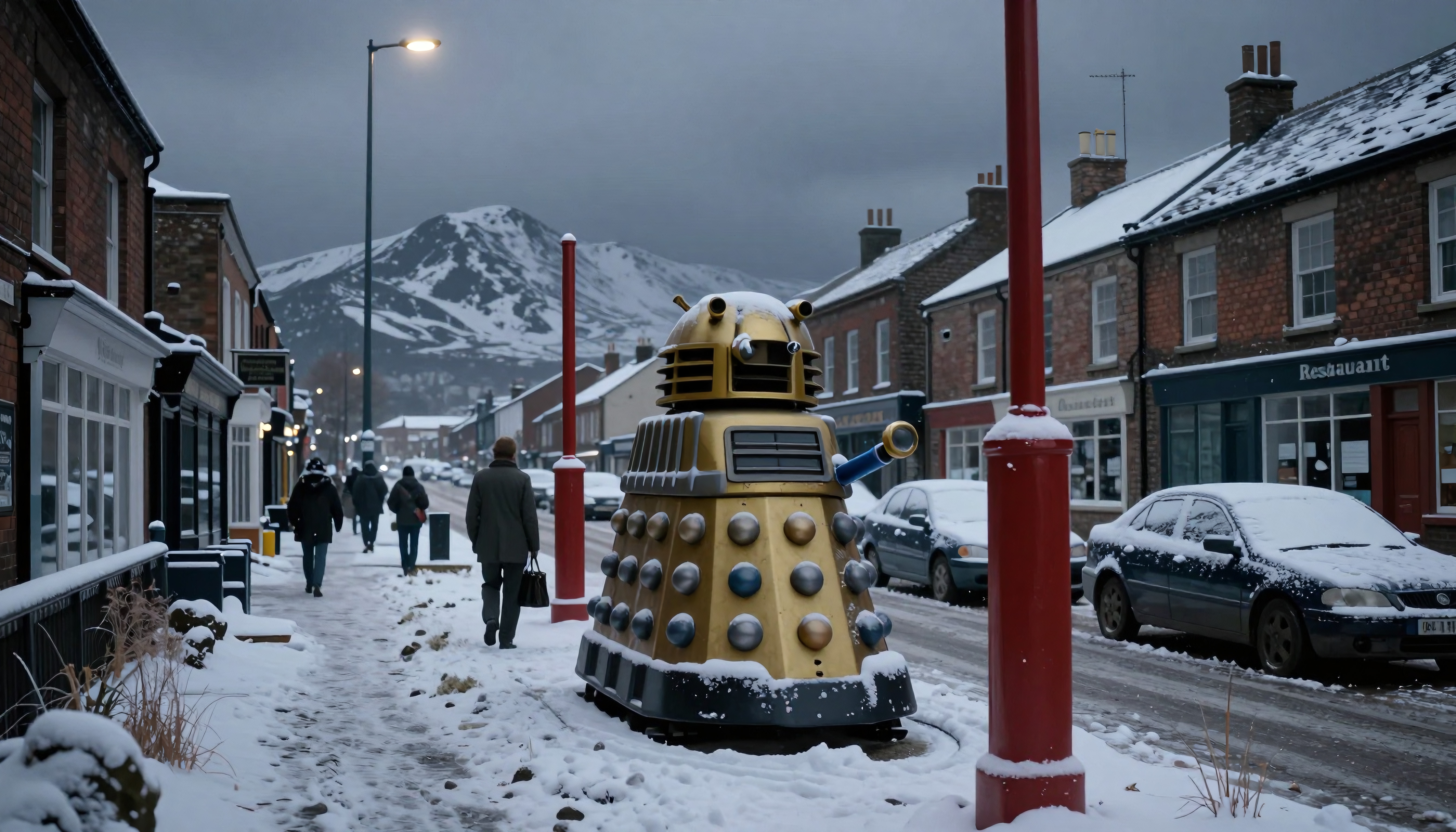 A Dalek stands in a snowy village street surrounded by mountains and winter scenery.