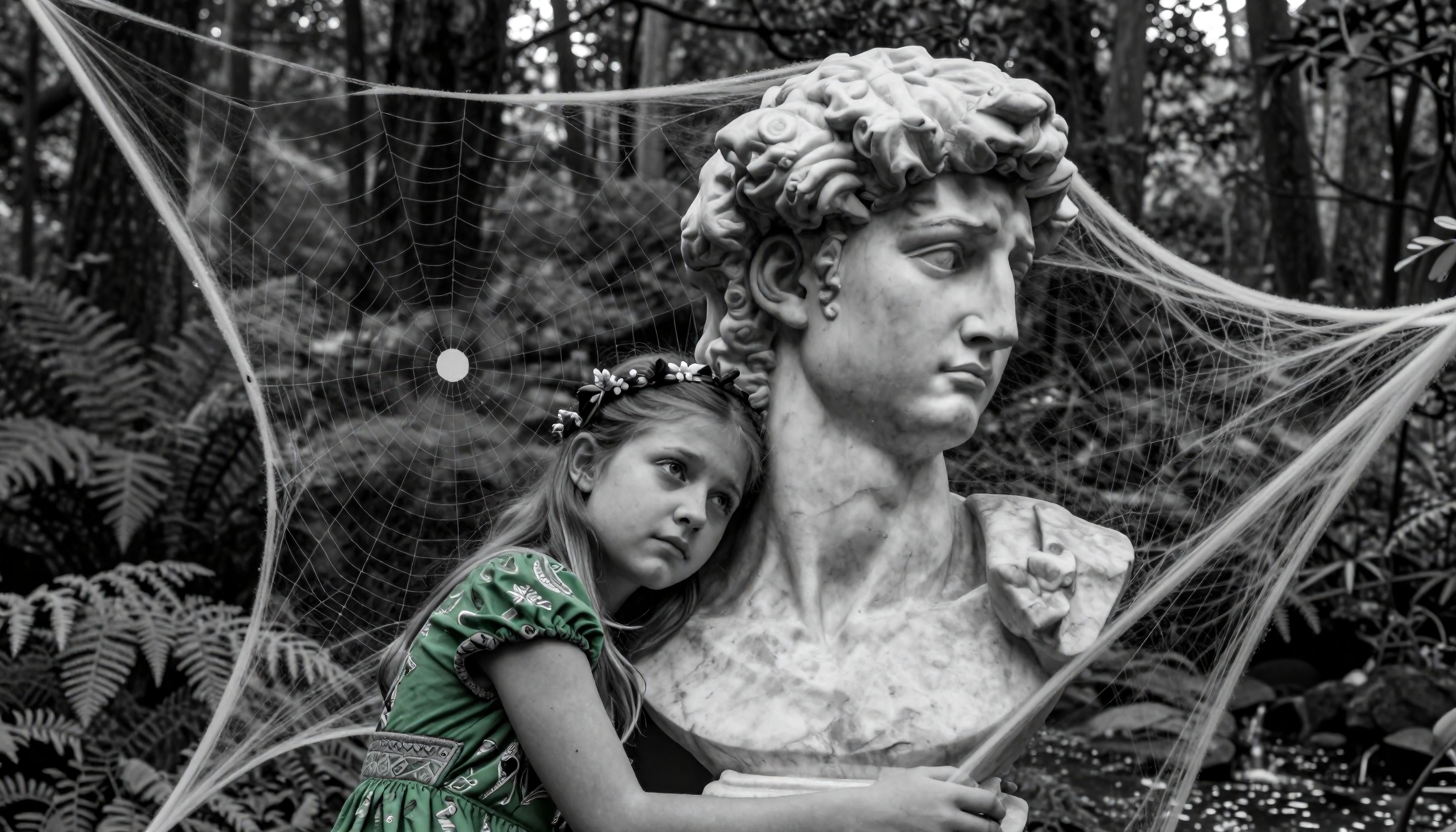 A young girl leans against a classic marble bust entwined with delicate spider webs in a serene forest setting.