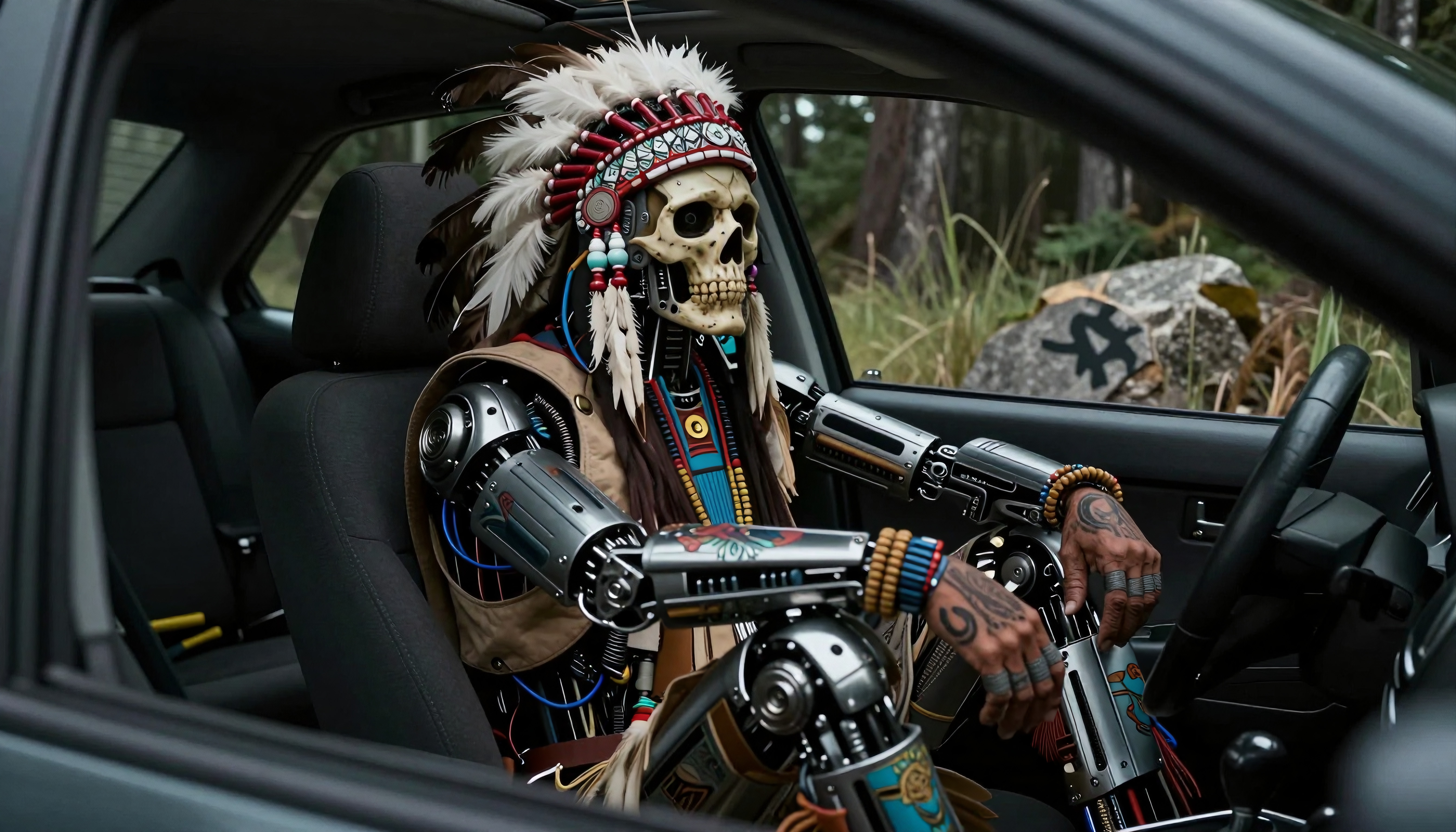 A robot with a headdress sits inside a car, merging tradition and technology.