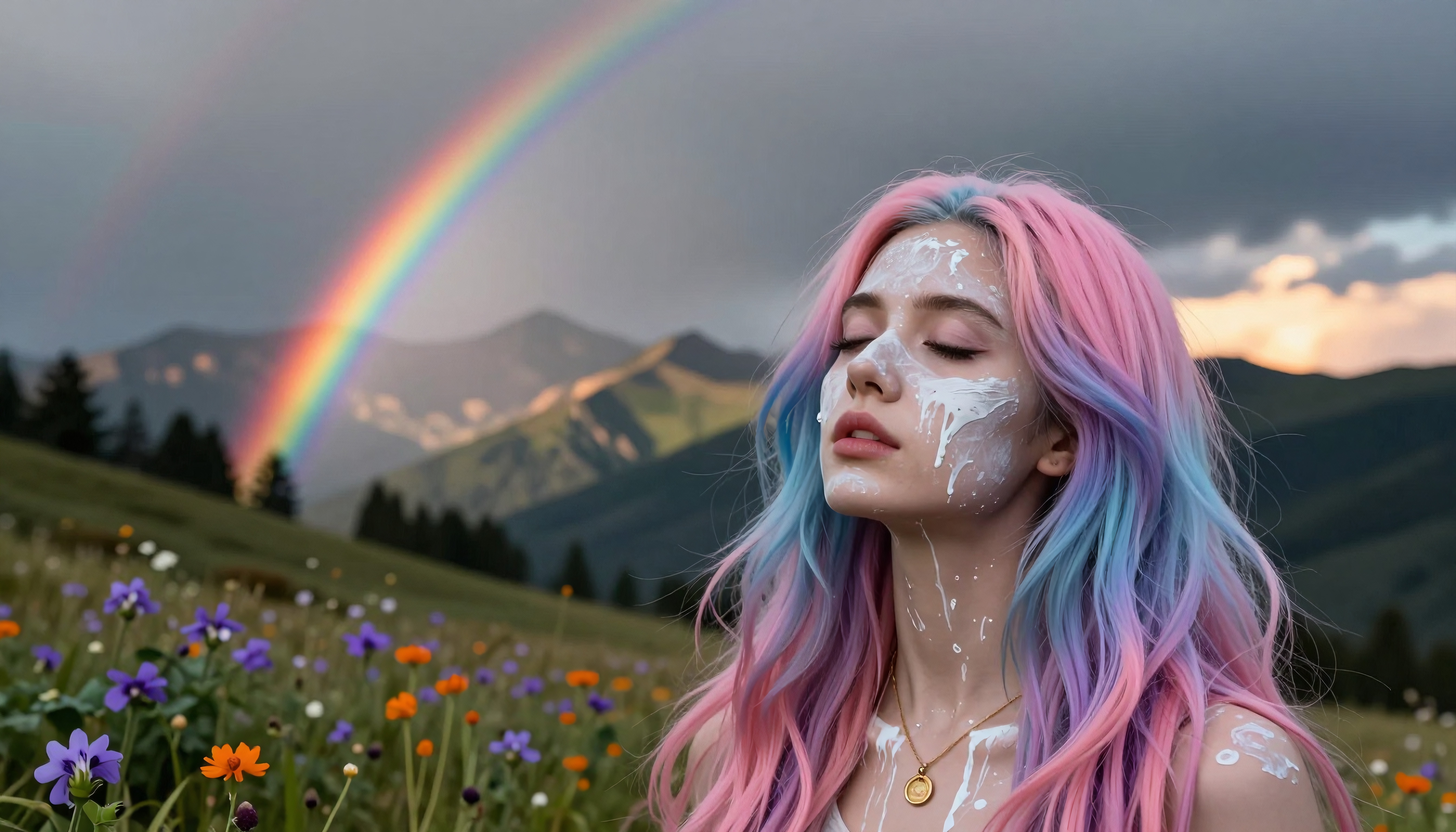 A young woman with colorful hair stands in a field of flowers, with a rainbow arching over distant mountains.