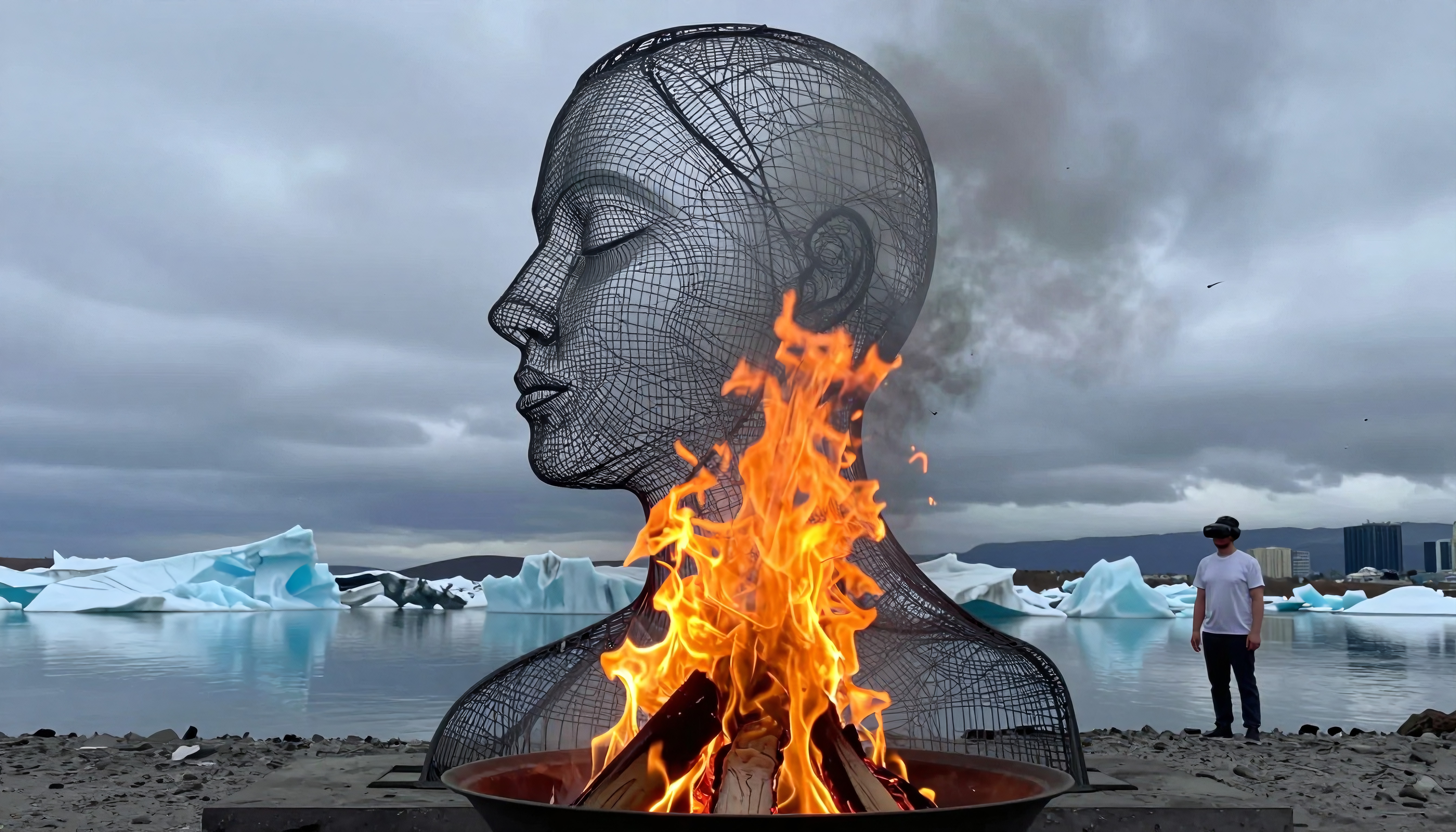 Wireframe human head sculpture with fire, VR headset, icebergs, and city skyline in scenic landscape.