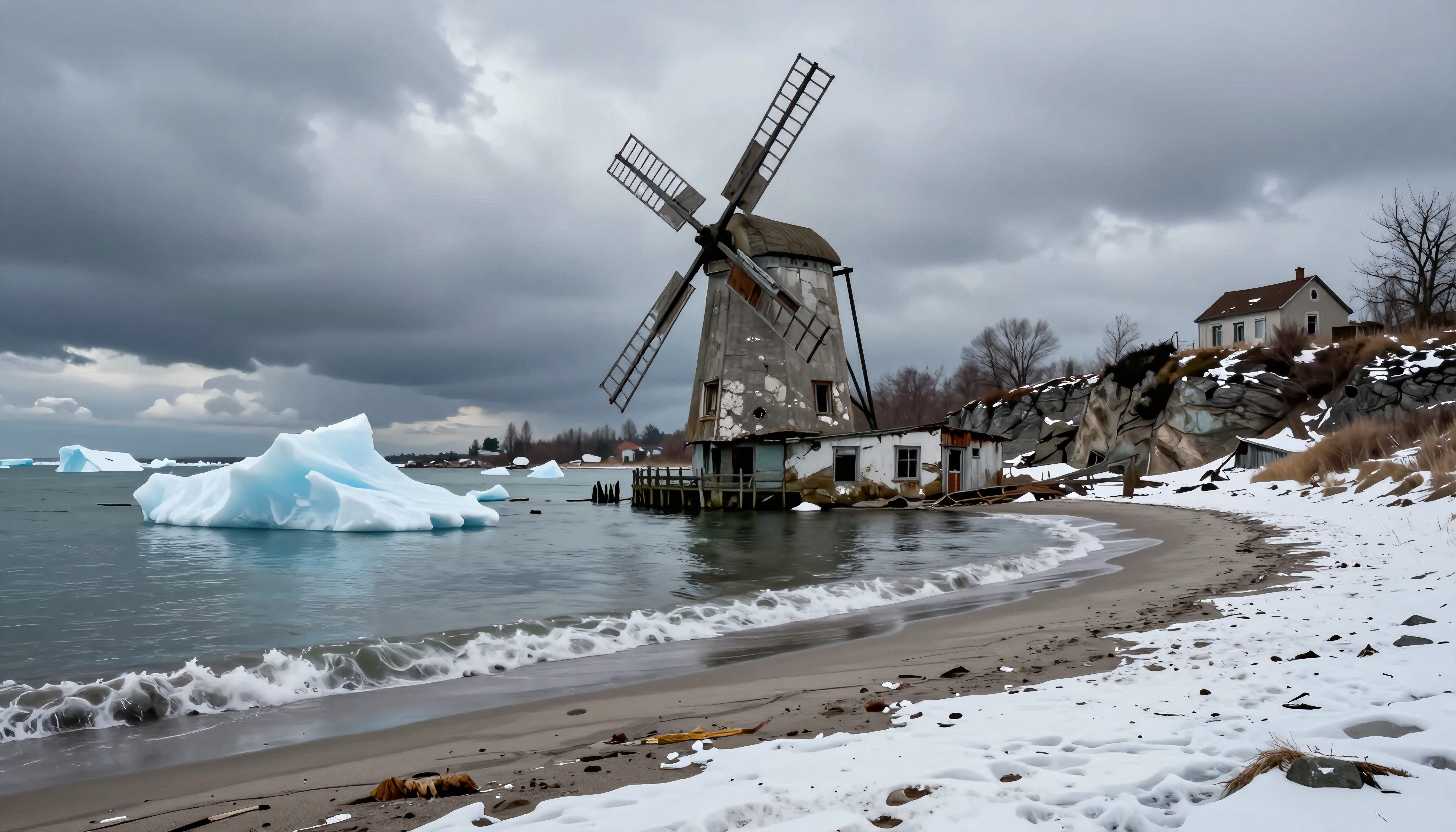 A weathered windmill stands by a frozen coast with drifting icebergs under an overcast sky.