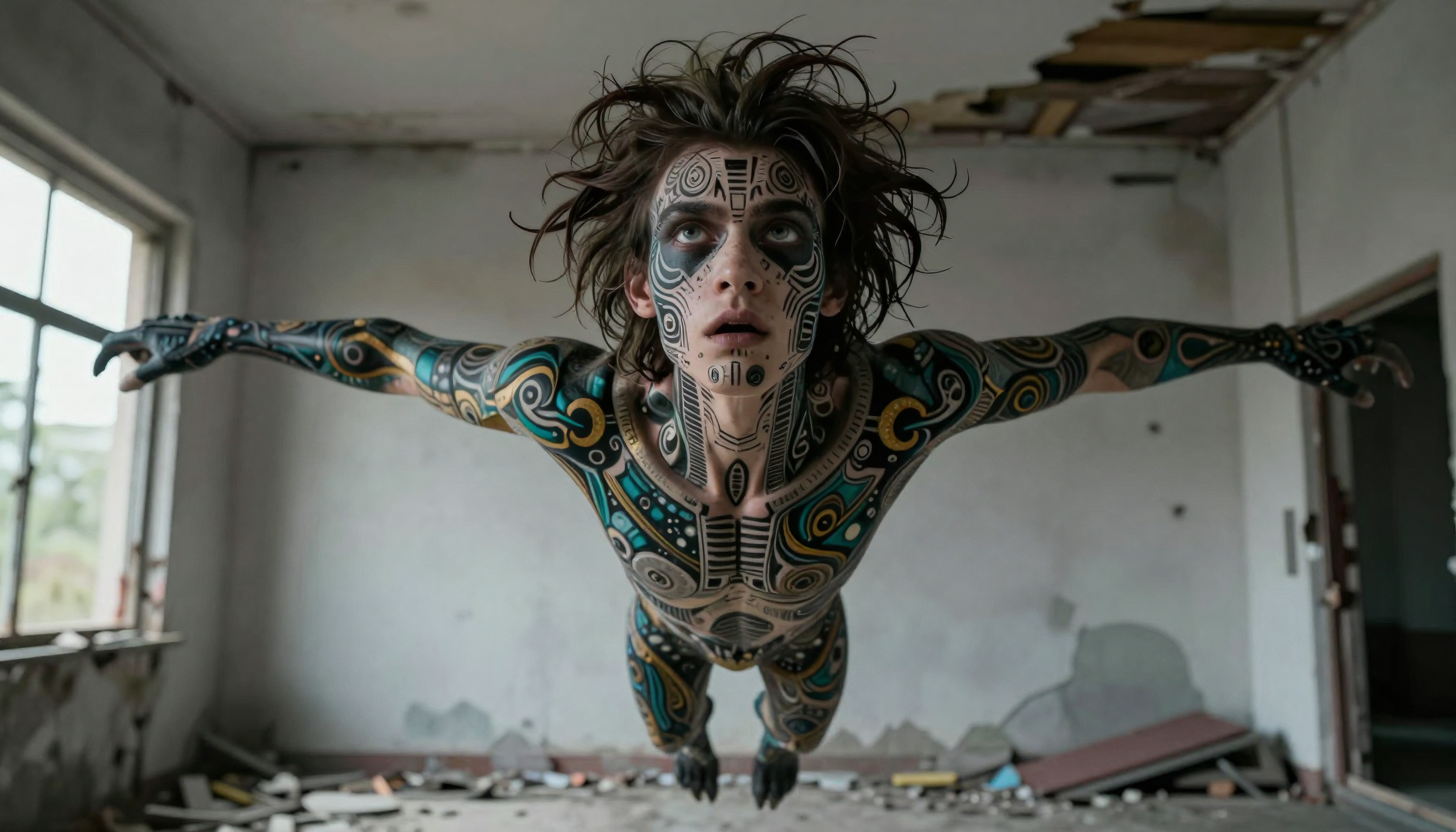A person with tribal body paint suspended mid-air in a decaying room.