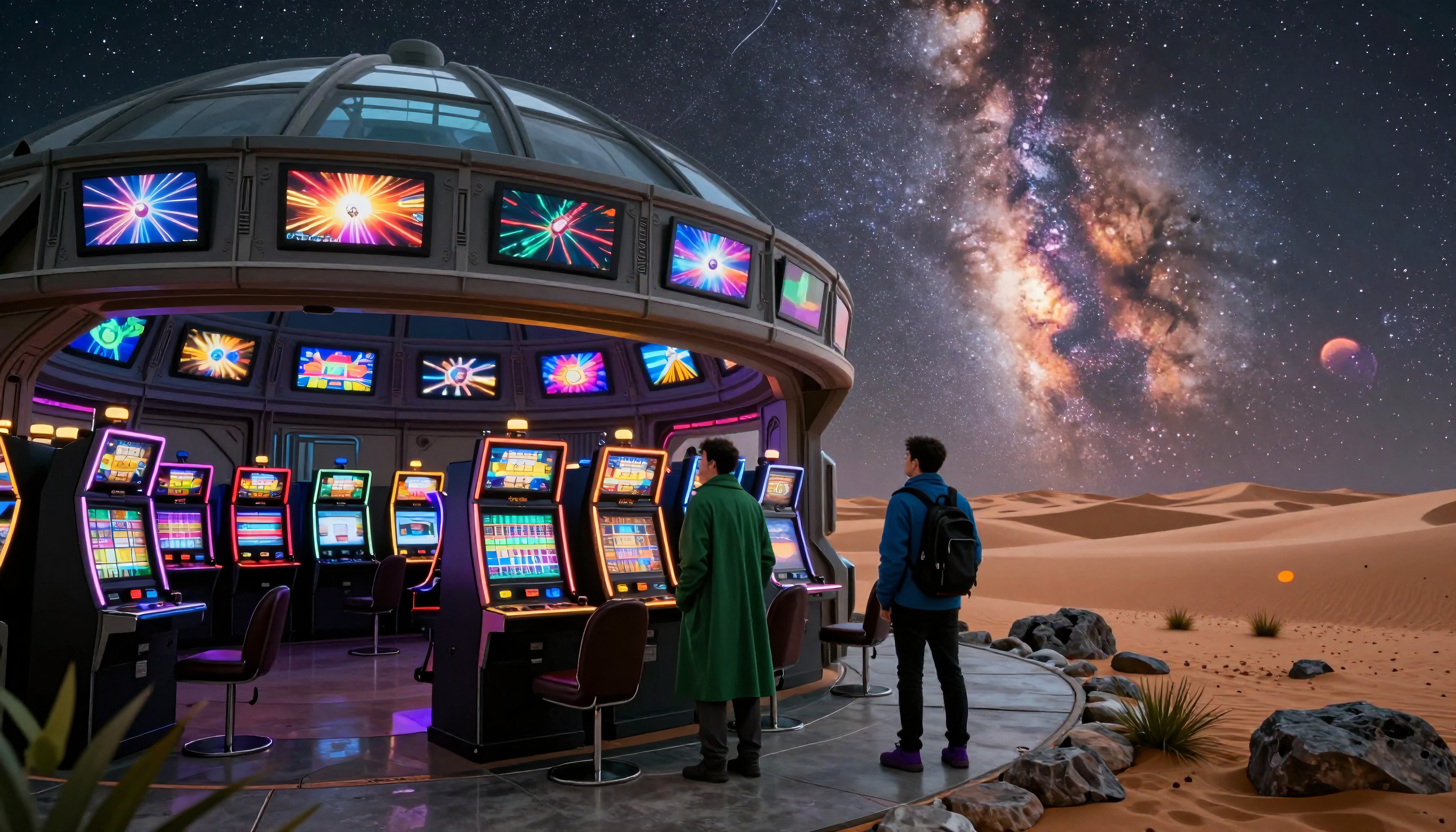 Futuristic dome casino in desert under starlit sky.