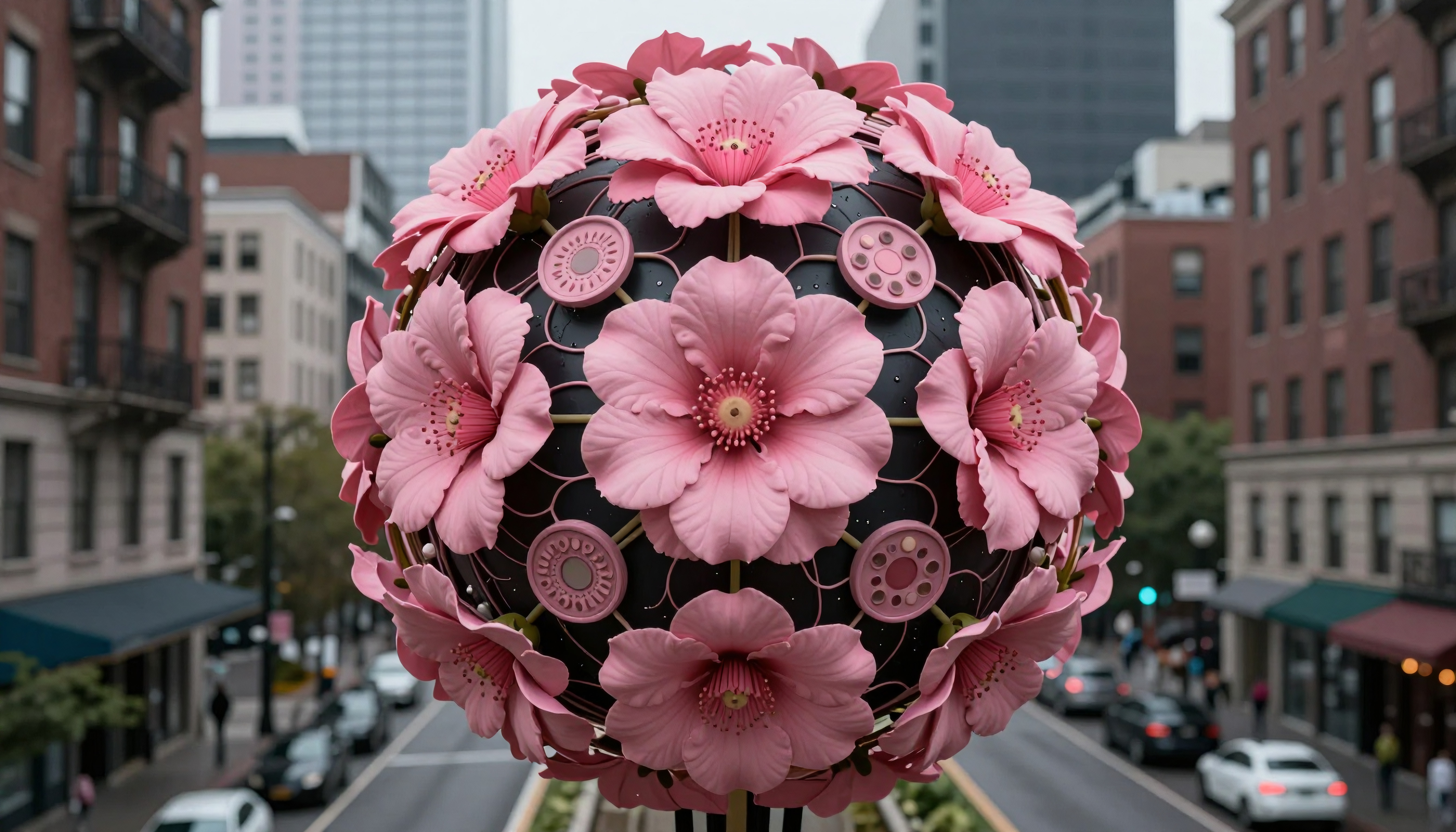 Pink Cherry Blossom Sculpture in City Street Scene