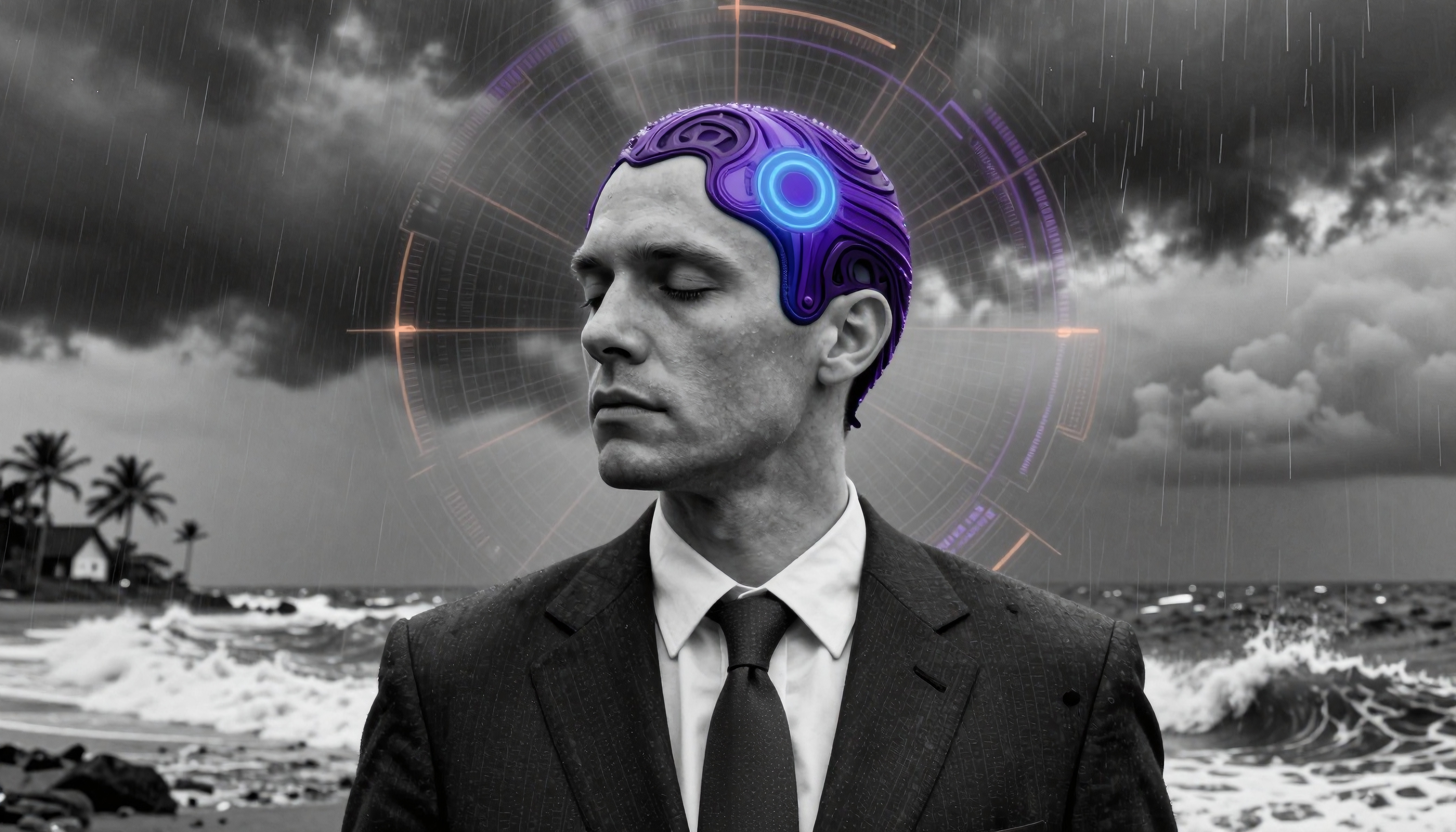 A man stands in a stormy beach setting, wearing a suit with a glowing purple device on his head, surrounded by digital graphics.