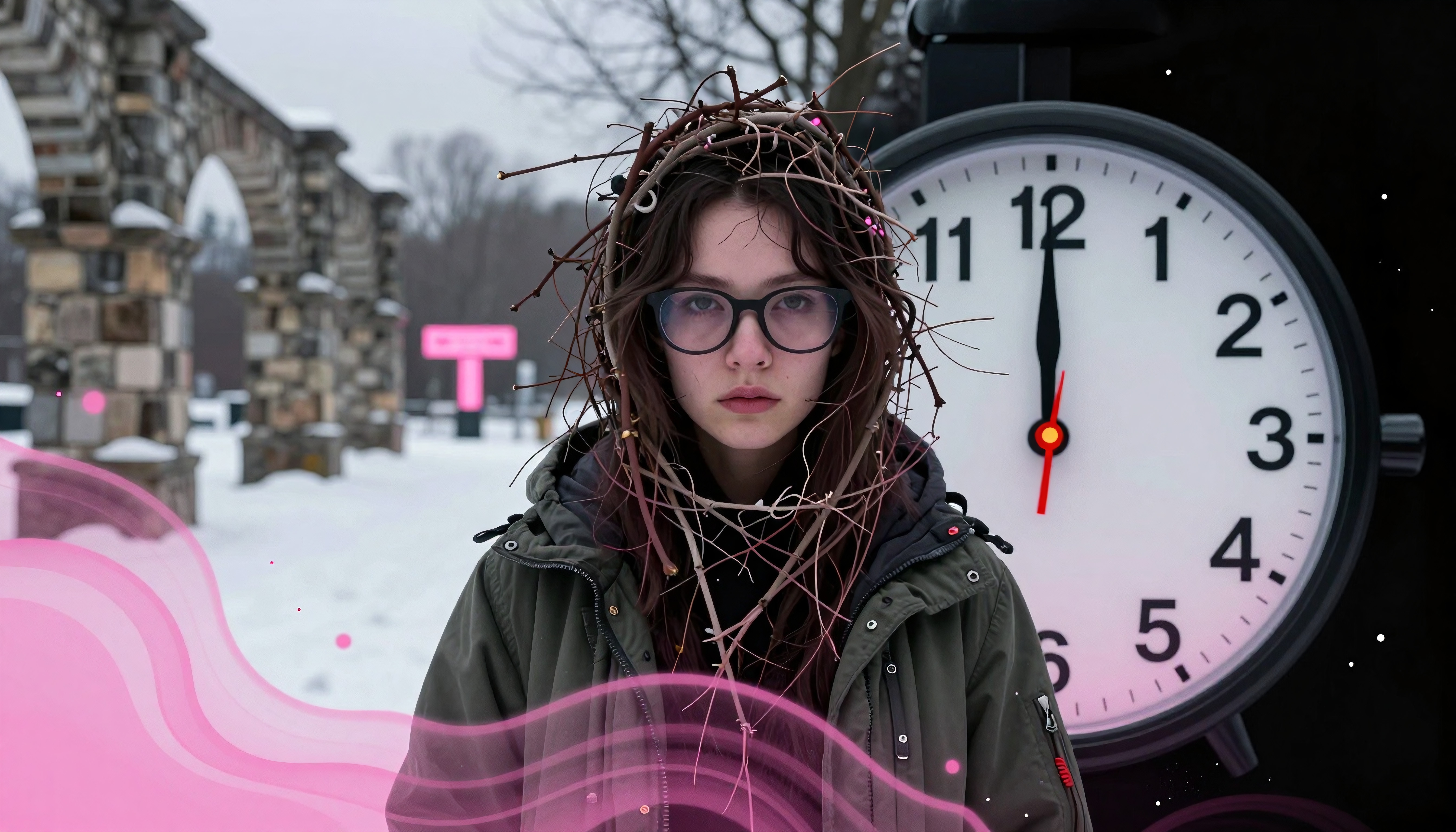 A person with a twig headpiece stands seriously in front of a large clock in a snowy, surreal setting with pink graphics.
