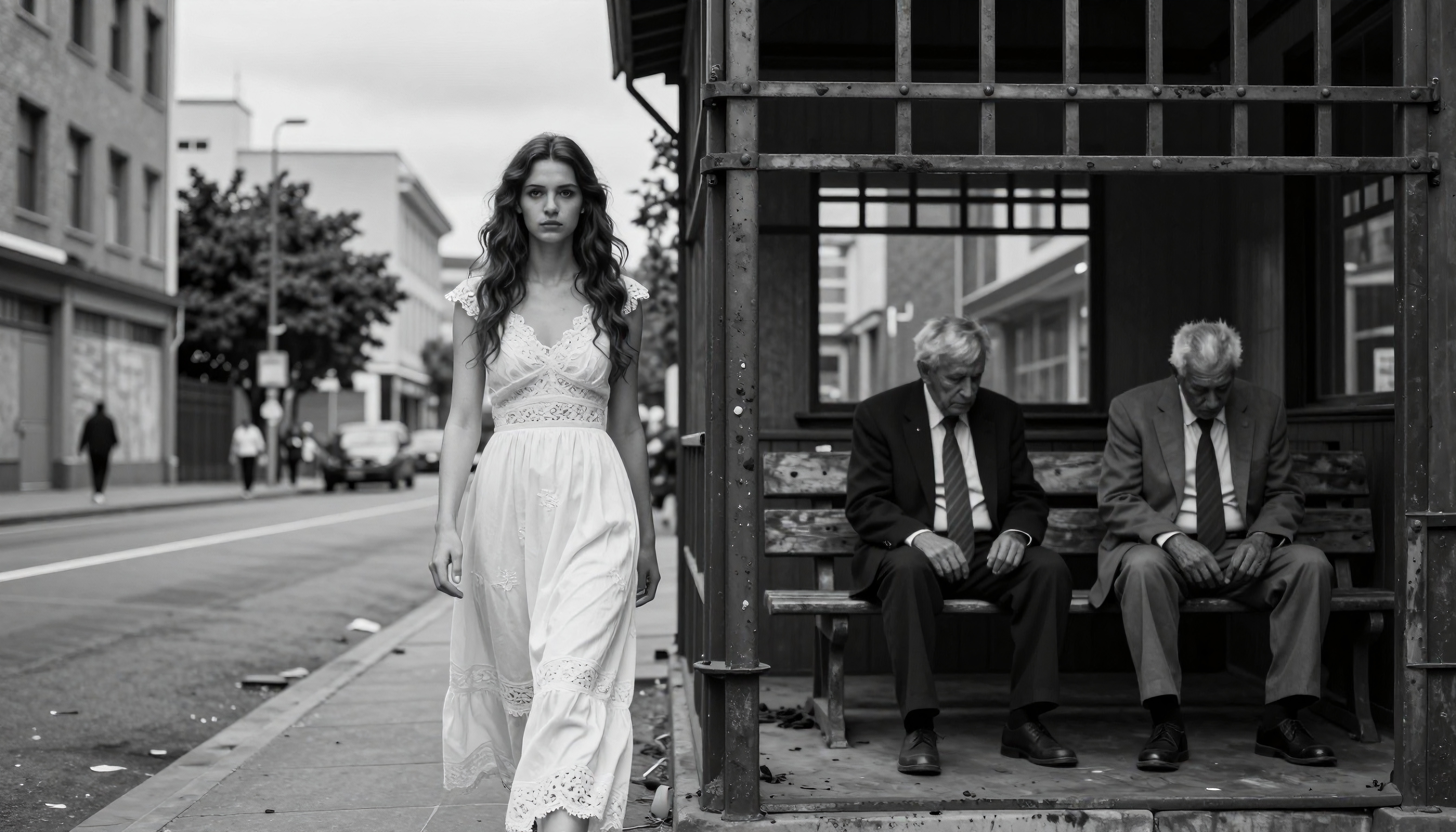 A young woman in a white dress walks past two elderly men sitting at a bus stop in a city street.