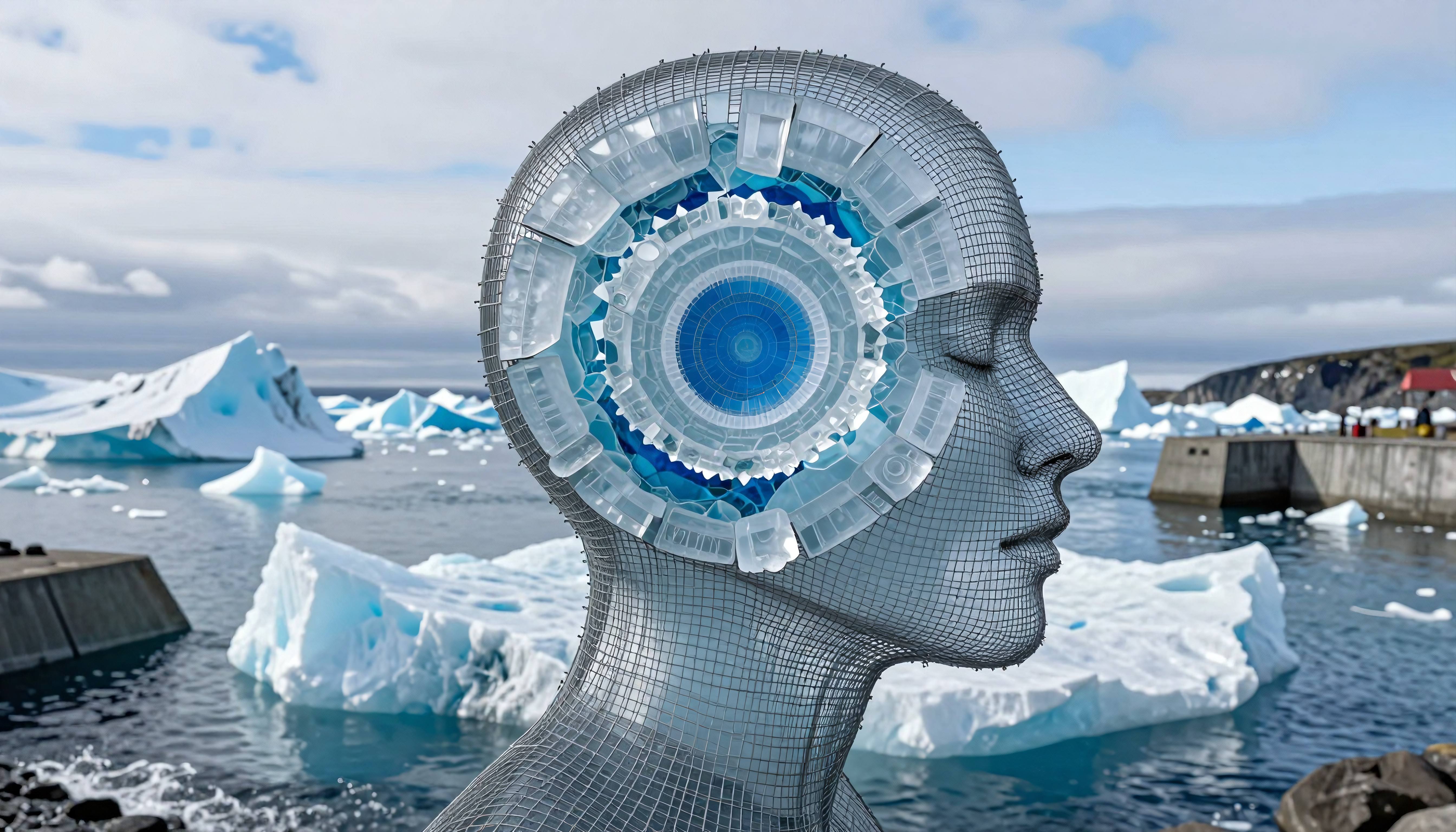 Digital wireframe human head with blue gear mechanism against Arctic icebergs and harbor