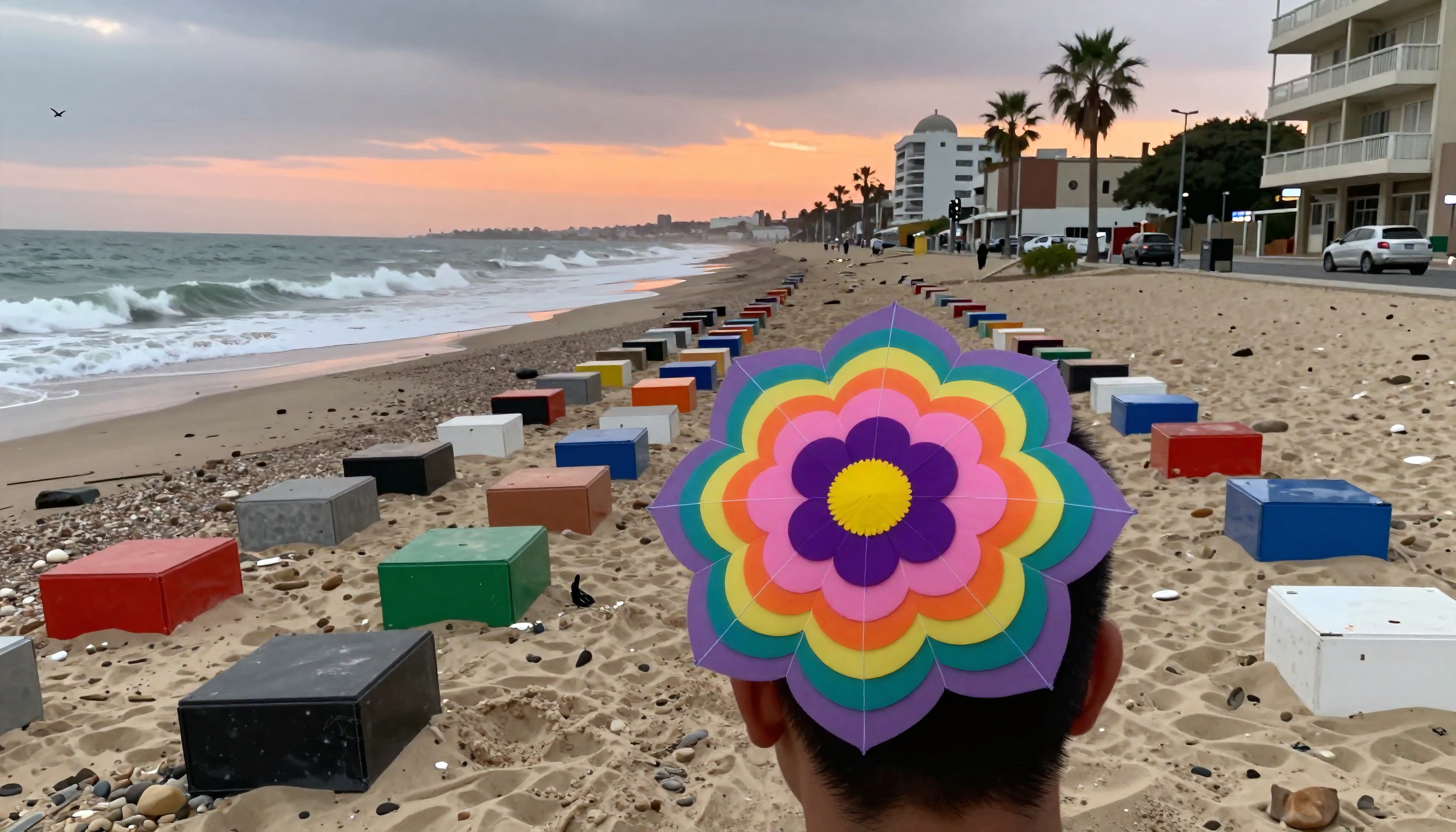 A colorful scene of a person facing the ocean on a beach with vibrant boxes and a sunset sky.