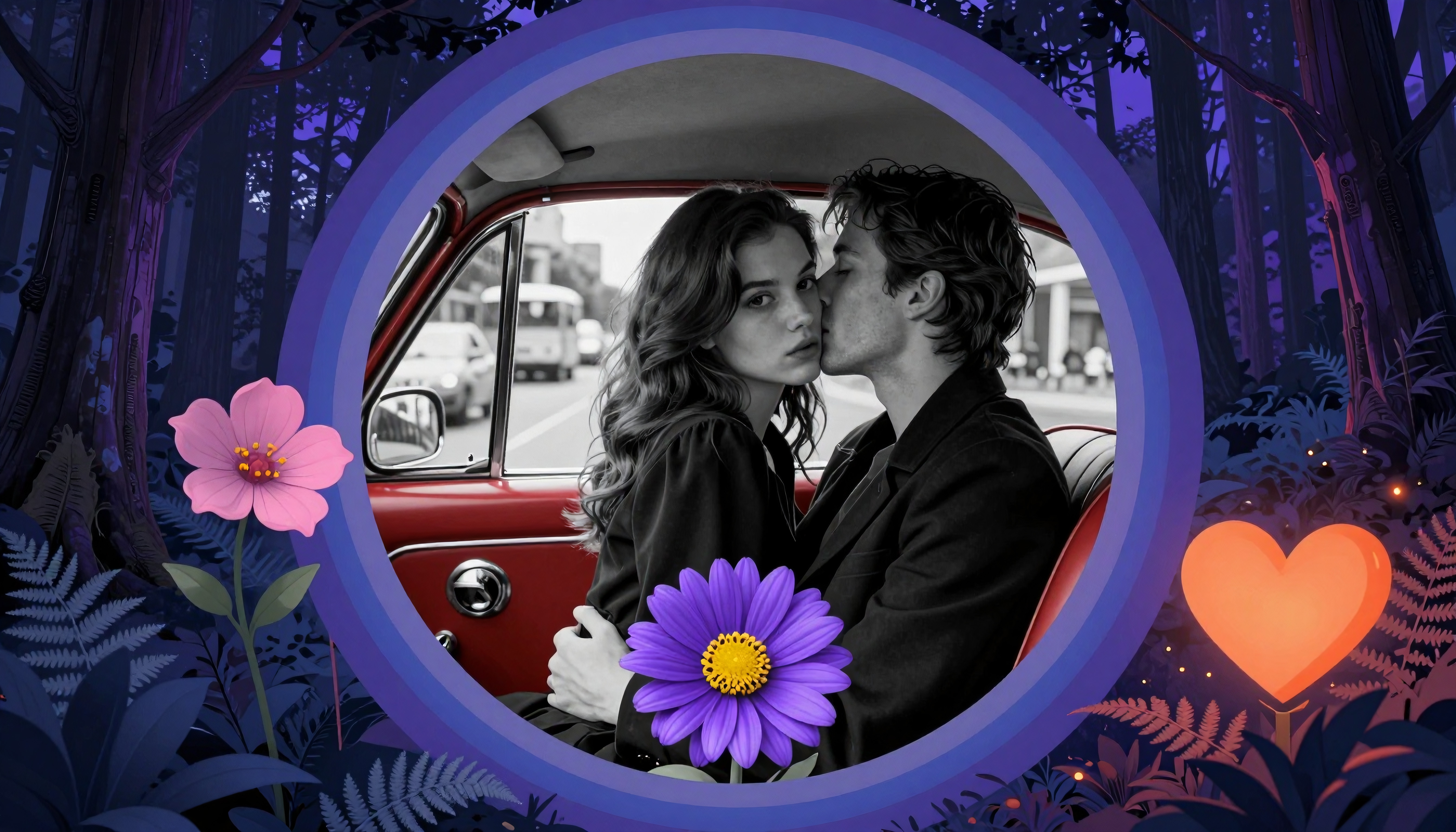 A couple sharing a romantic moment inside a vintage car, surrounded by flowers and a mystical forest backdrop.