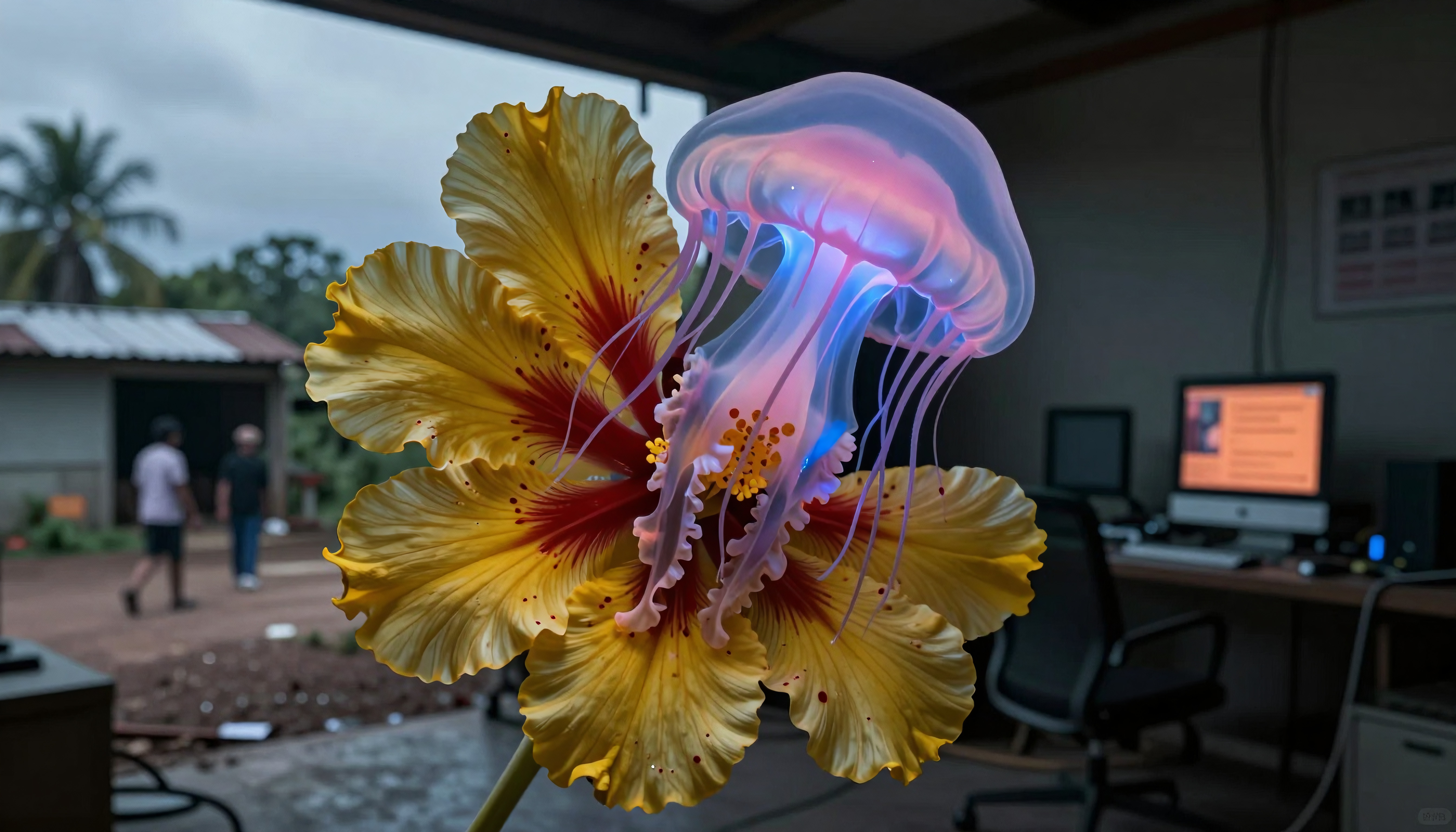 Surreal jellyfish fused with blooming hibiscus flower in modern office space